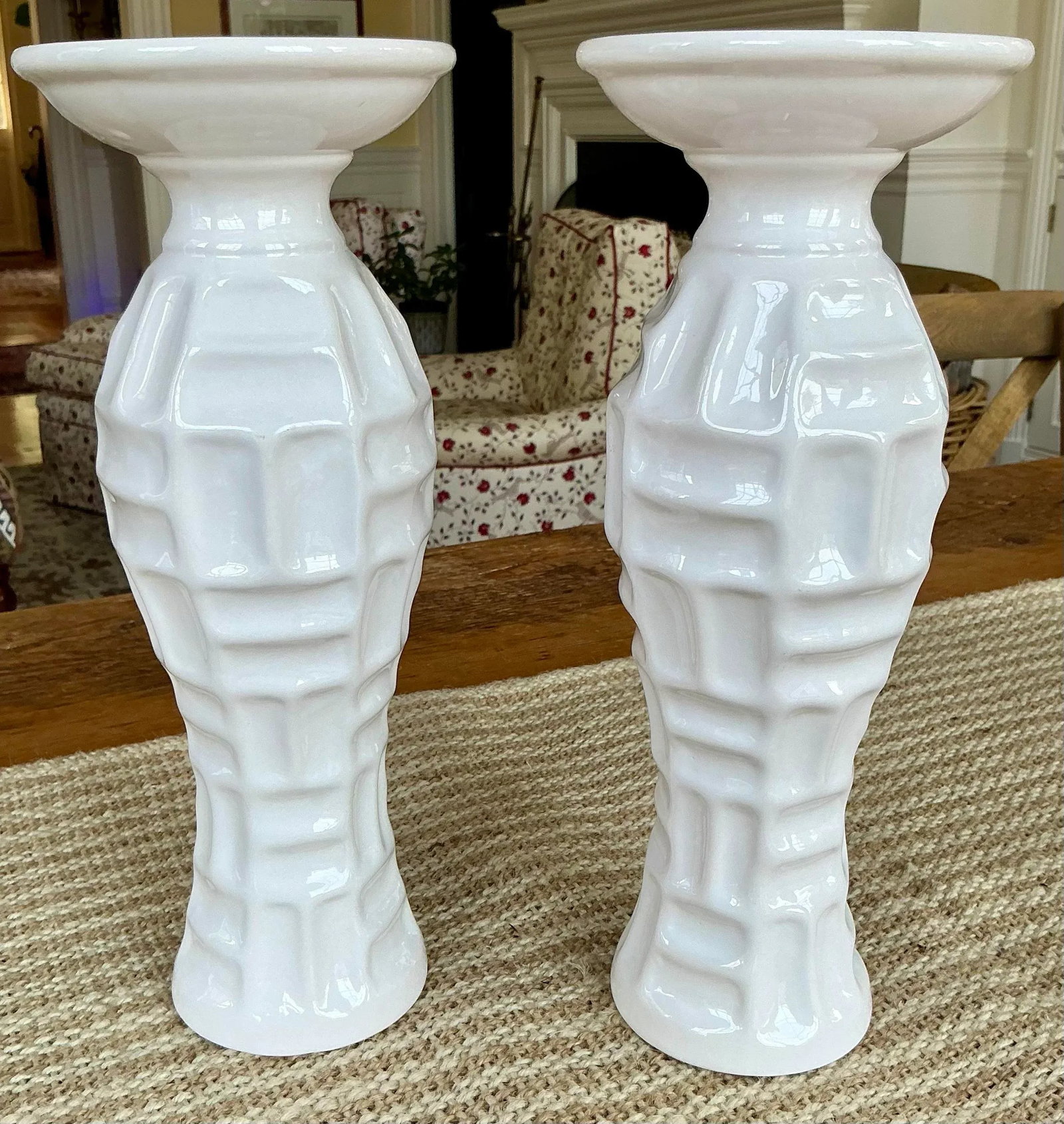 Vintage Pair of White Ceramic Bamboo Form Candle Holders - 3