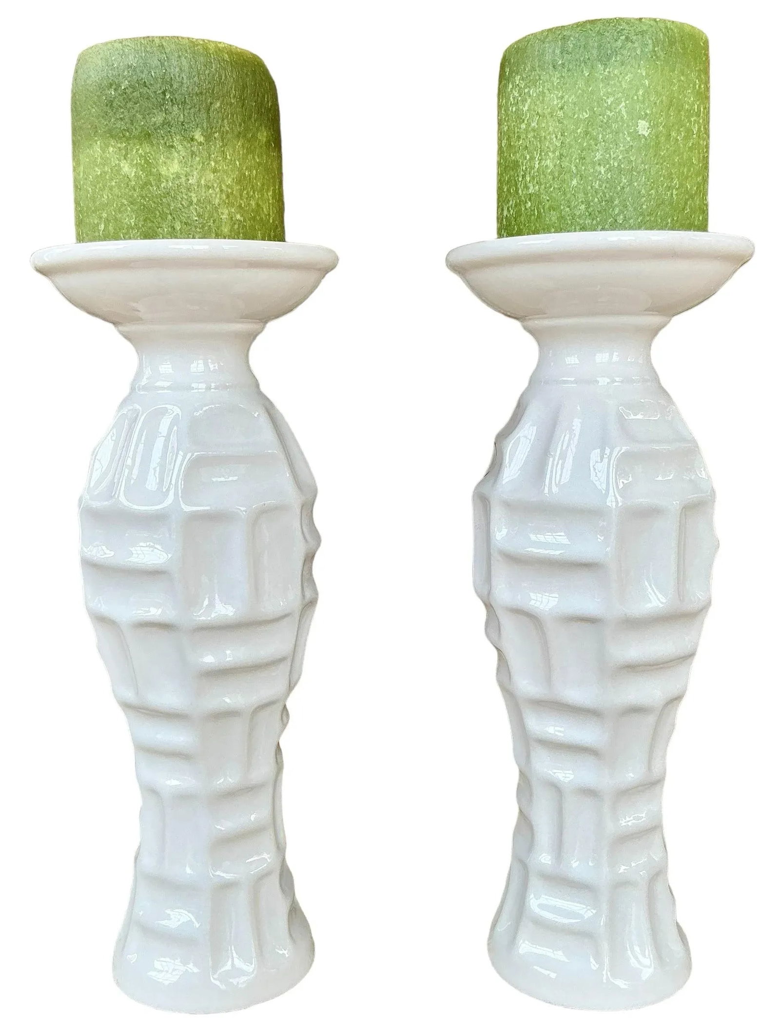 Vintage Pair of White Ceramic Bamboo Form Candle Holders - 4