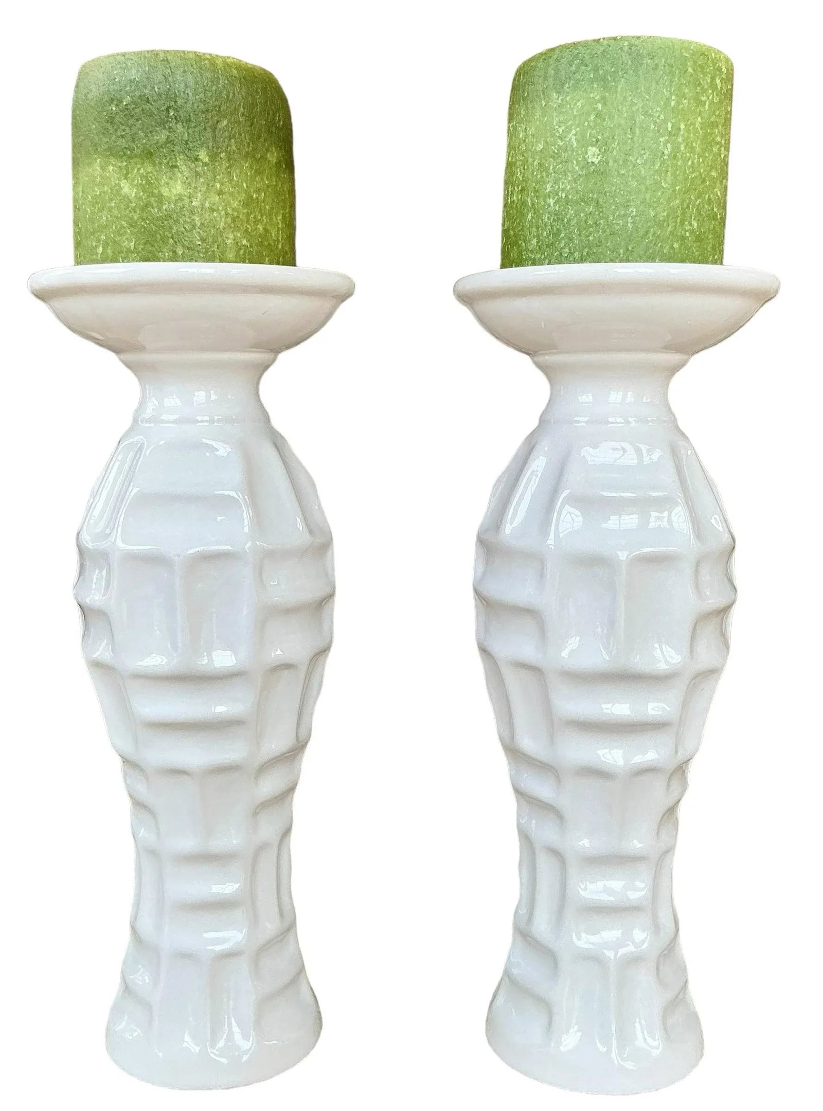 Vintage Pair of White Ceramic Bamboo Form Candle Holders - 5
