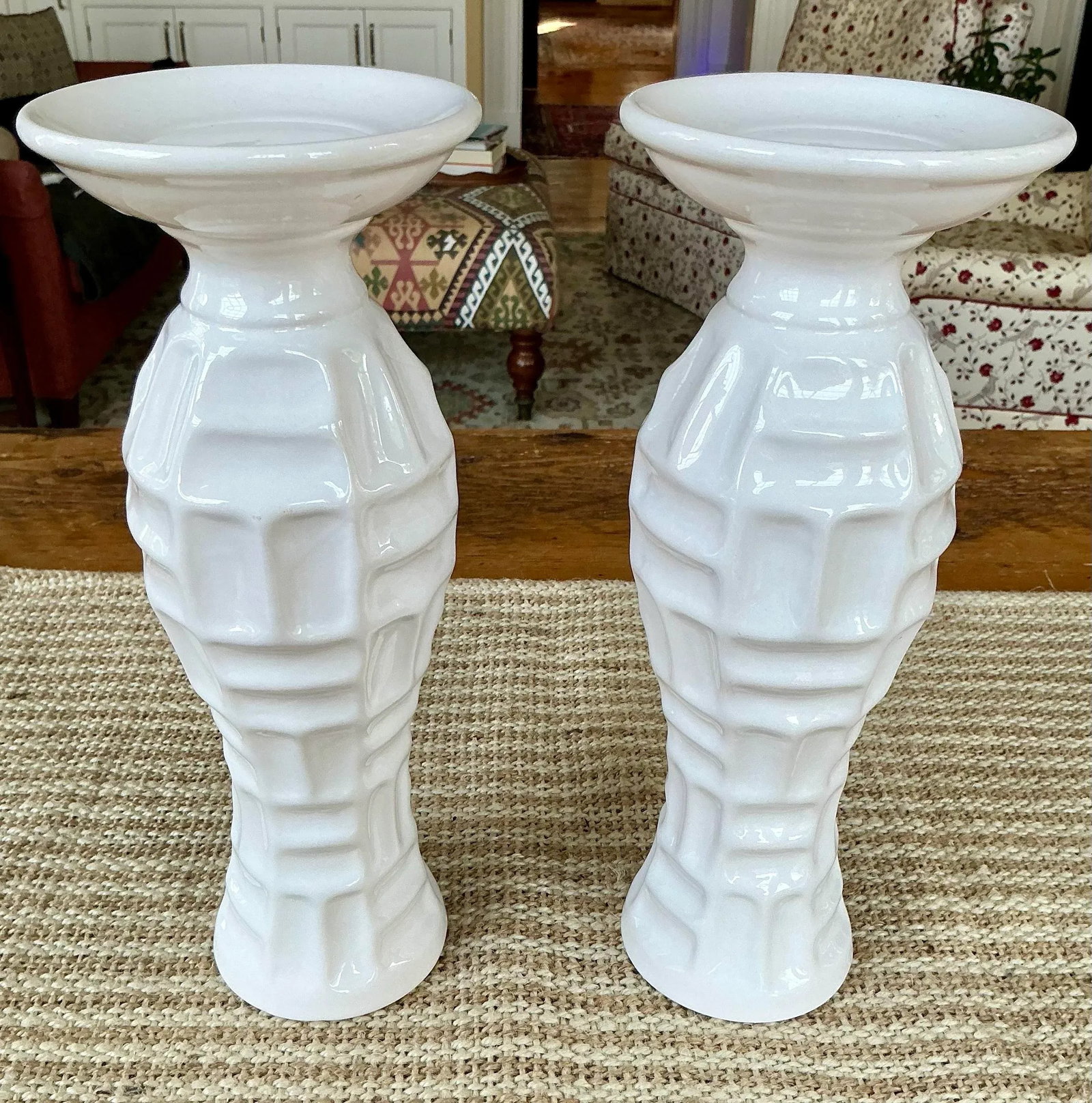 Vintage Pair of White Ceramic Bamboo Form Candle Holders - 6