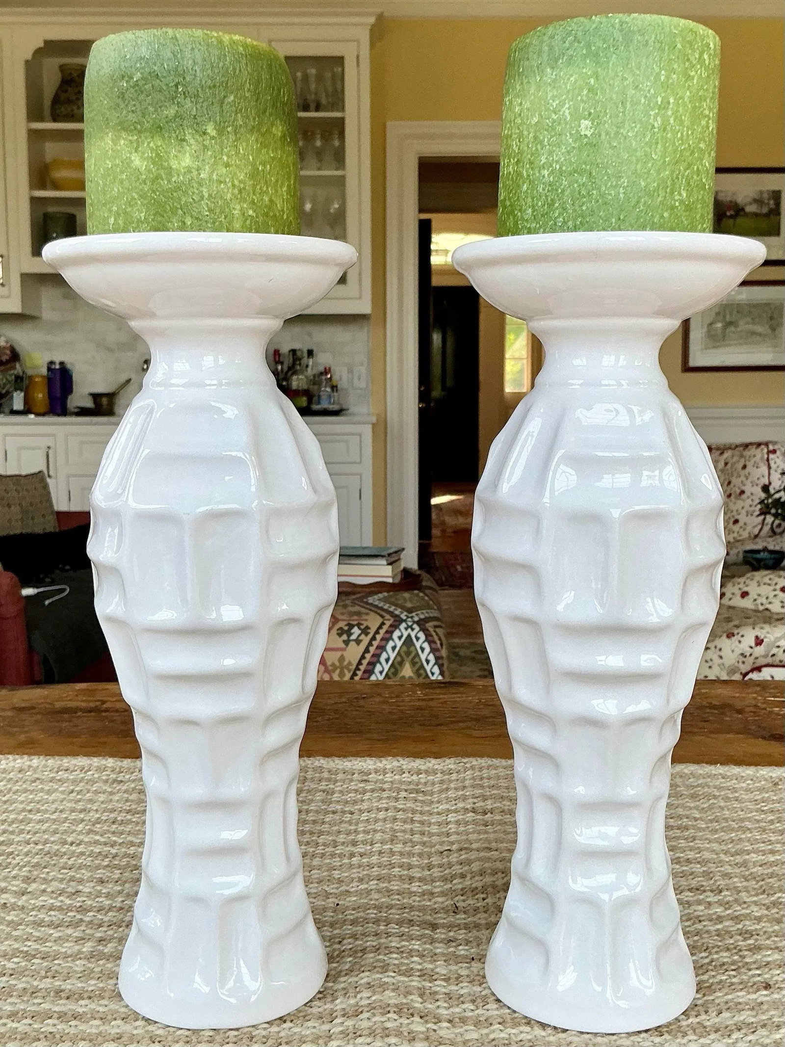 Vintage Pair of White Ceramic Bamboo Form Candle Holders - 7