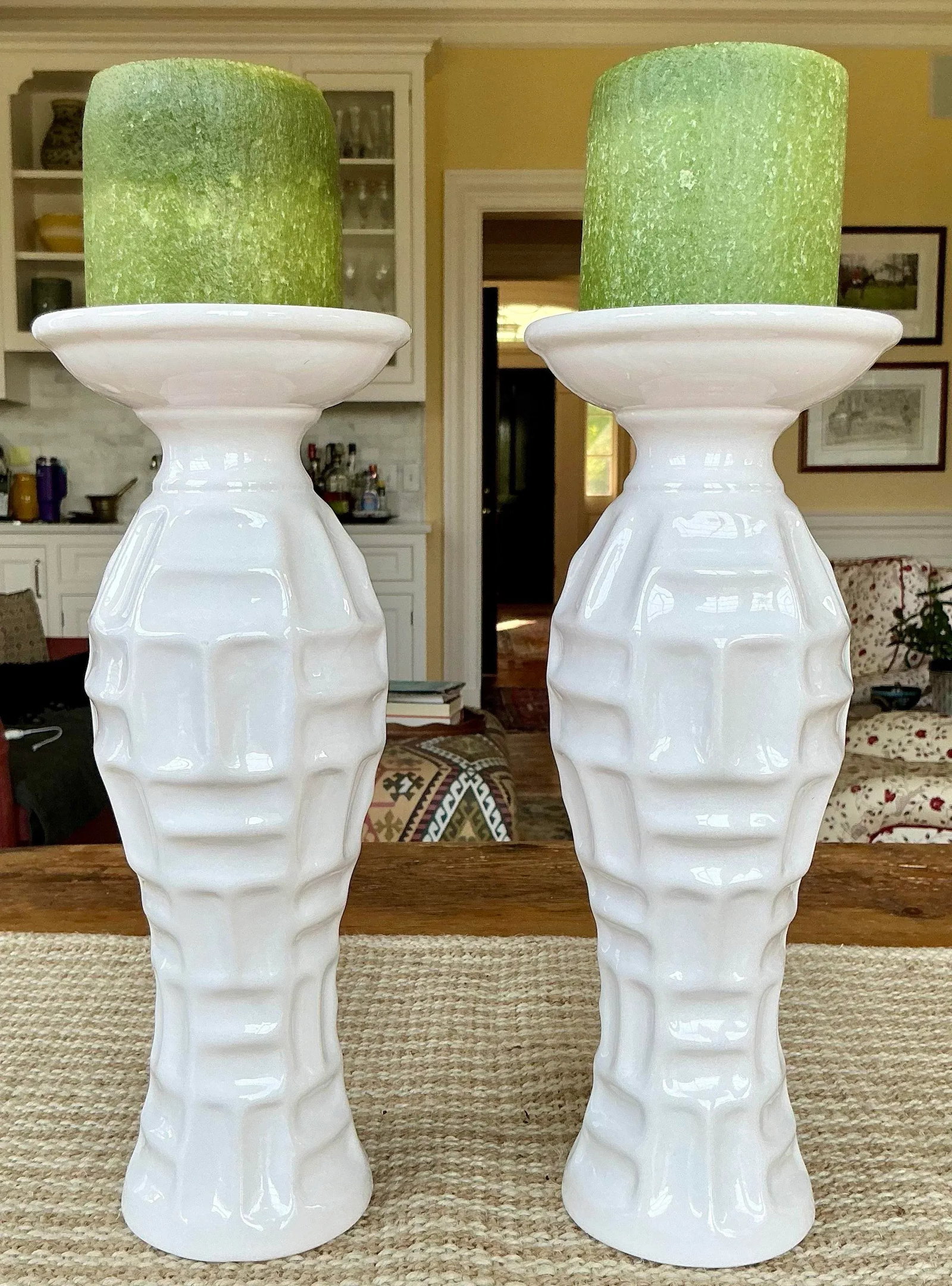 Vintage Pair of White Ceramic Bamboo Form Candle Holders - 8