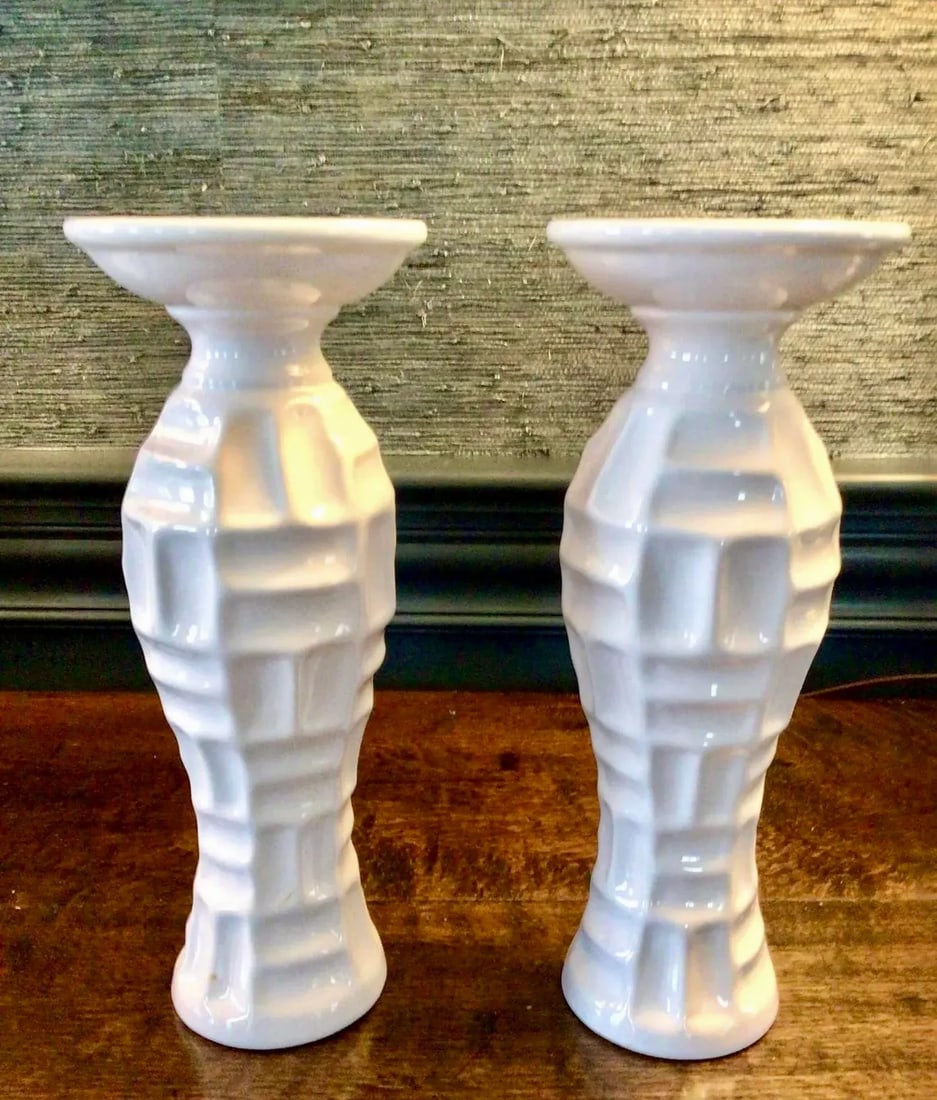 Vintage Pair of White Ceramic Bamboo Form Candle Holders - 9