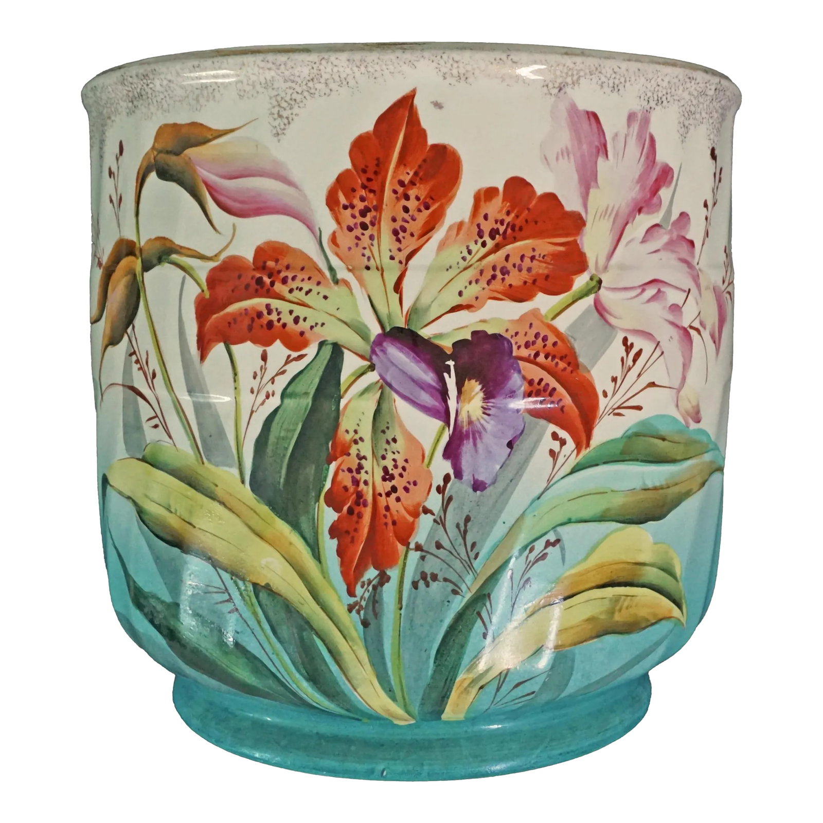 Early 20th Century Art Nouveau Orchid Cachepot: Cachepot Orchid Art Nouveau Planter Antique Old Paris Ceramic Flowerpot Colorful Floral Jardiniere Indoor Plant Container Gift Gardener Colorful large French ceramic cachepot decorated with bold orchi
