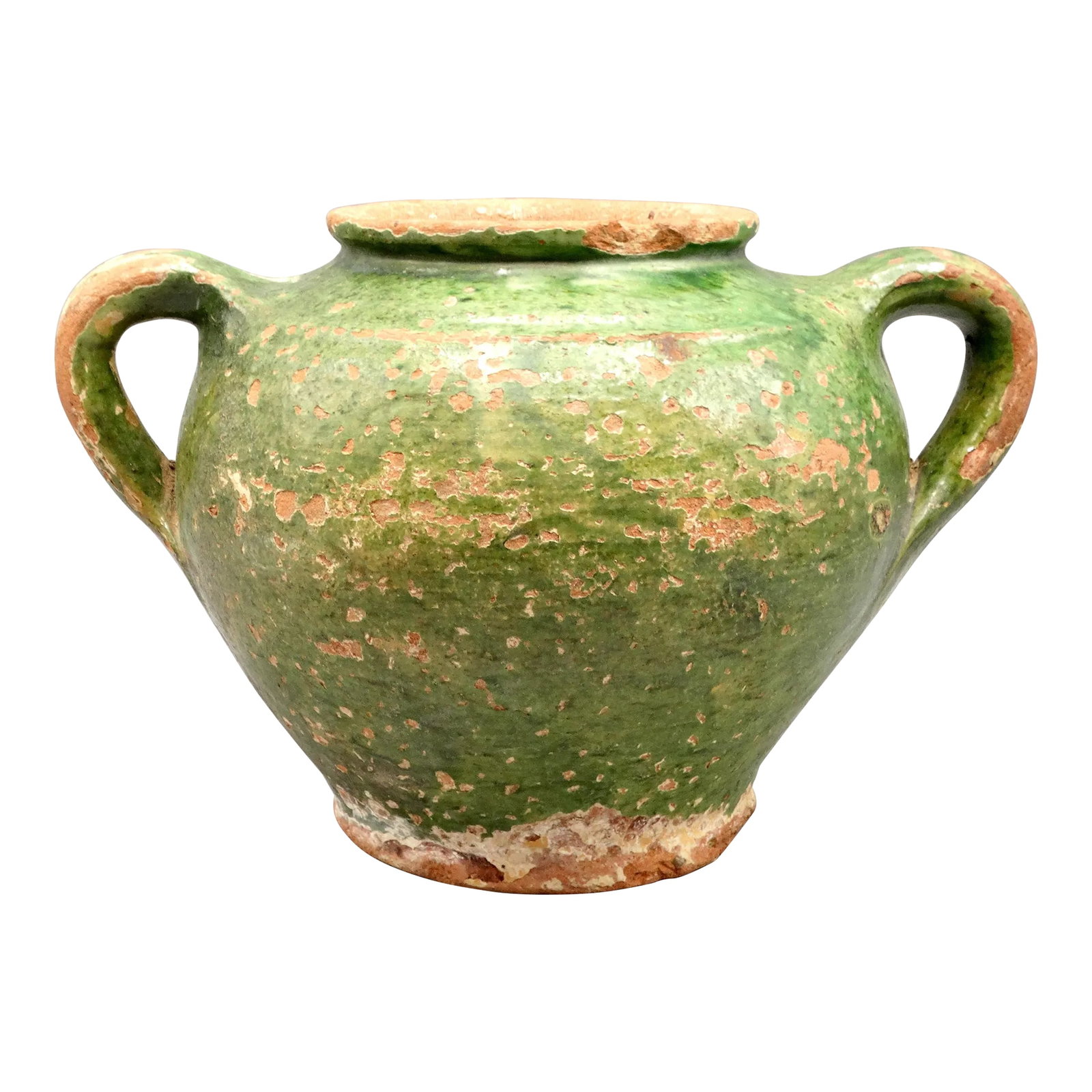 Antique French Earthenware Confit Pot Jar Green Glaze: A wonderful 19th-Century confit jar from the South of France with green glaze. It is hand thrown and has charming handles known as 'ears'. These utilitarian earthenware vessels were used daily in the