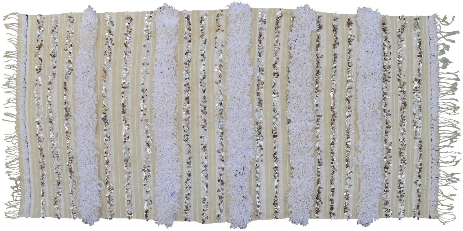 Mid 20th Century Striped Moroccan Berber Wedding Blanket: Vintage wedding blanket handmade in the High Atlas Mountains of Morocco. Featuring alternating stripes of wool fringe and ornate white bands with sequins embellishment. Great as a bedcover, a throw or