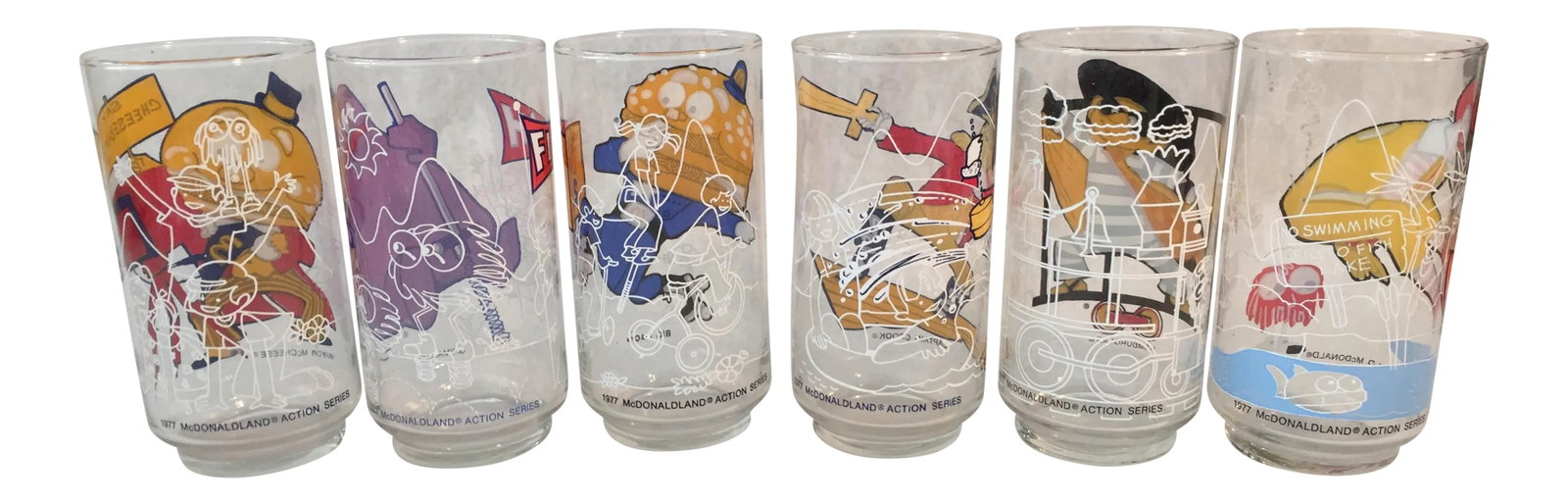 Vintage Action Series McDonald Glasses Set of 6: Remember These? Vintage Action Series McDonald Glasses Set of 6. Mayor McCheese, Ronald McDonald, Captain Crook, Hamburger, Big Mac and Grimace. color image one side ,white outline image other side.