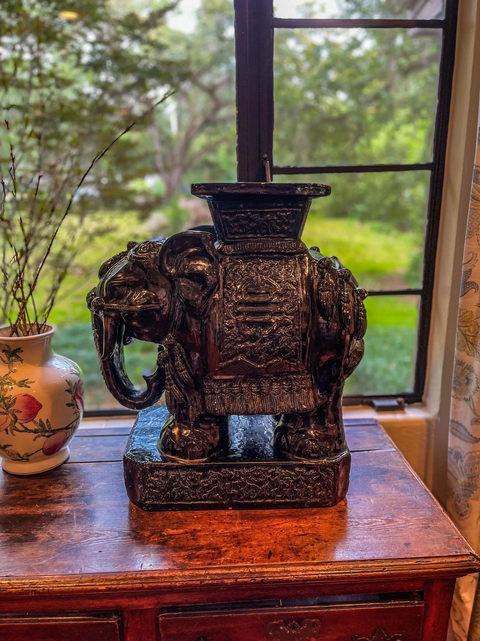 Vintage Large Ceramic Elephant Garden Stools in a Graphite Gloss Glaze - A Pair - 3