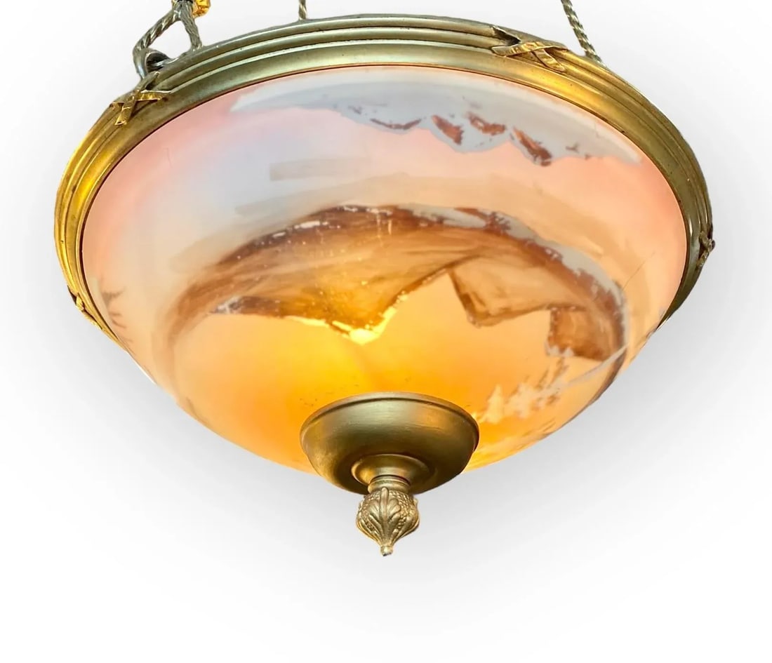 Antique French Reverse Painted Glass and Gilt Bronze Pendant Chandelier - 11