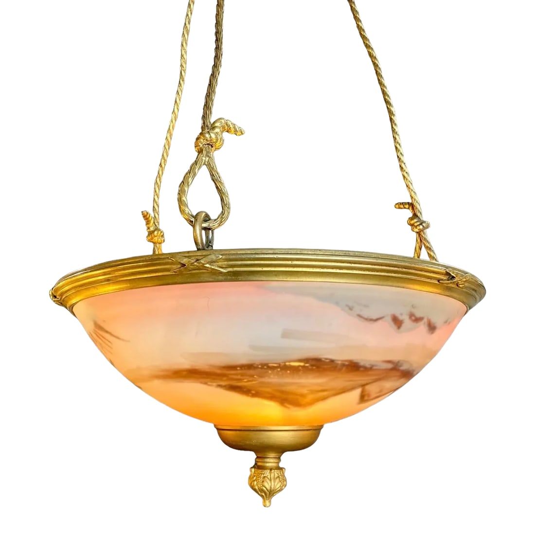 Antique French Reverse Painted Glass and Gilt Bronze Pendant Chandelier: A superb antique French 1920's Beaux Arts reverse painted glass and gilded bronze pendant chandelier. The three bronze supports resembling rope, tied and knotted below an ornate gilded bronze crown