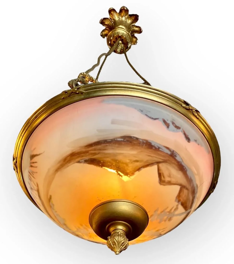 Antique French Reverse Painted Glass and Gilt Bronze Pendant Chandelier - 2