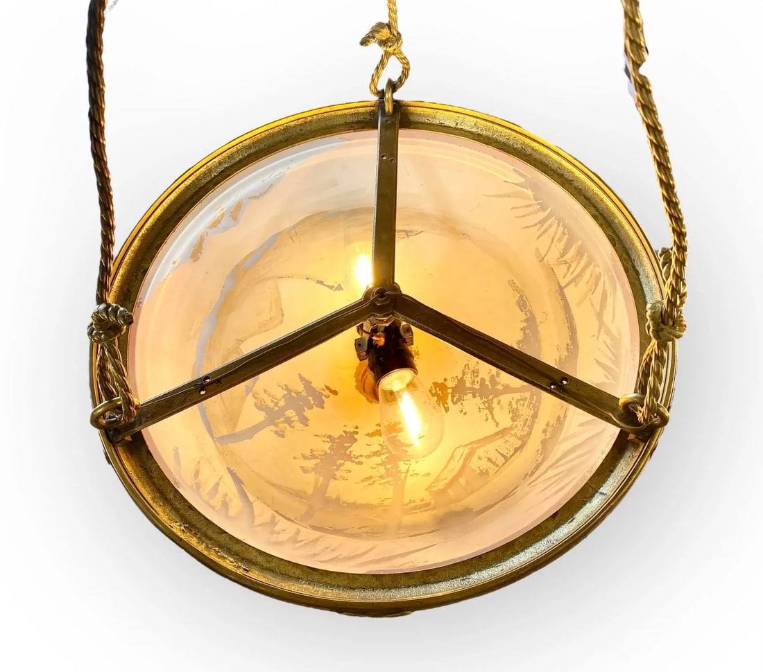 Antique French Reverse Painted Glass and Gilt Bronze Pendant Chandelier - 6