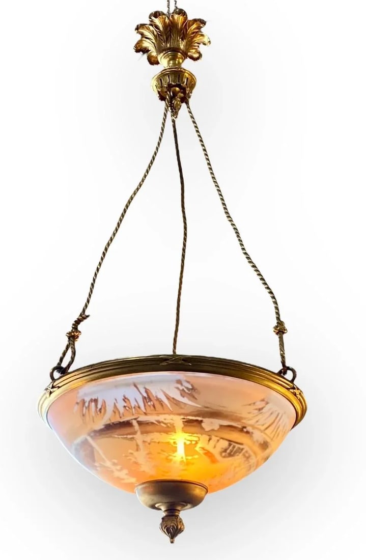 Antique French Reverse Painted Glass and Gilt Bronze Pendant Chandelier - 9