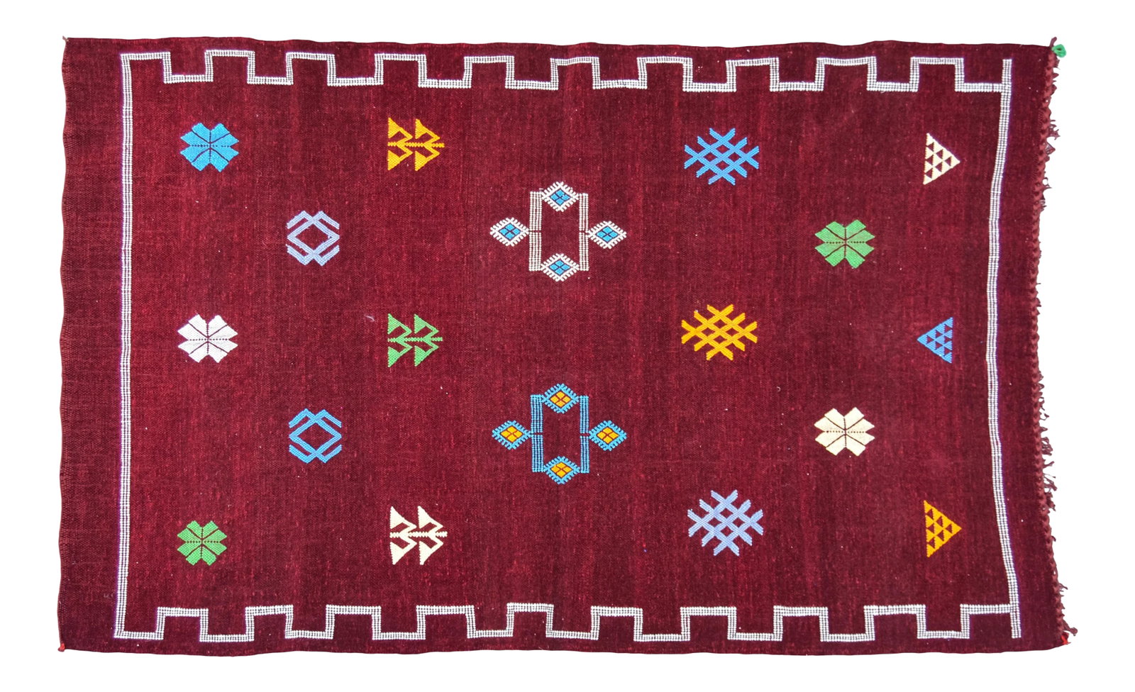 Moroccan Rug- 3'1'' X 4'10'': Handwoven Moroccan Berber kilim with a design of natural symbols and geometric shapes. This gorgeous accent ships within 1-2 business days from purchase, and to be received within 2-4 business days fr