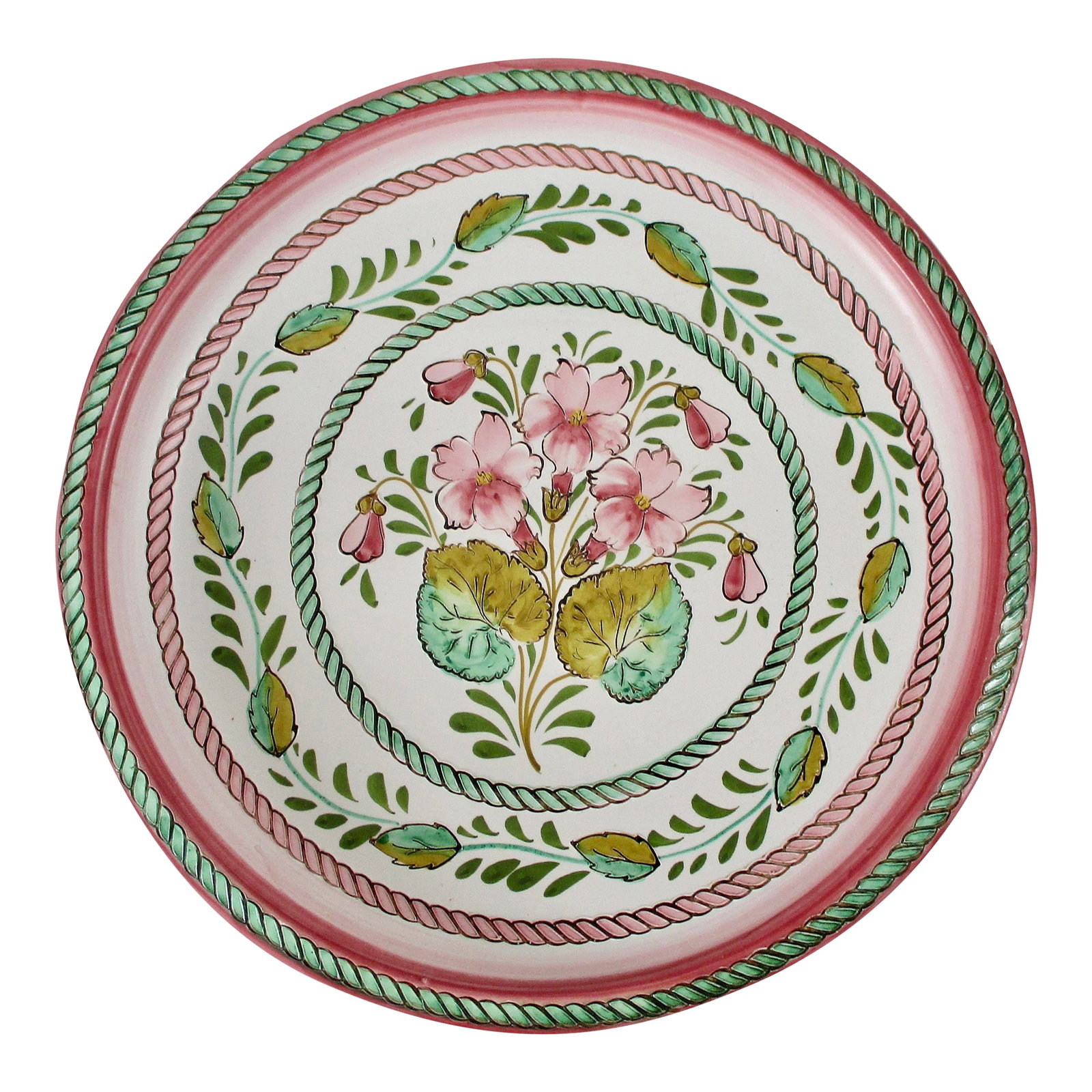 Large Late 20th Century Italian Majolica Decorative Floral Earthenware Plate: Vintage hand-painted matte glaze plate features a beautiful geranium design and banding in pinks and greens. There are a few small chips to the paint along the outer lip as pictured. Measures 14.25"