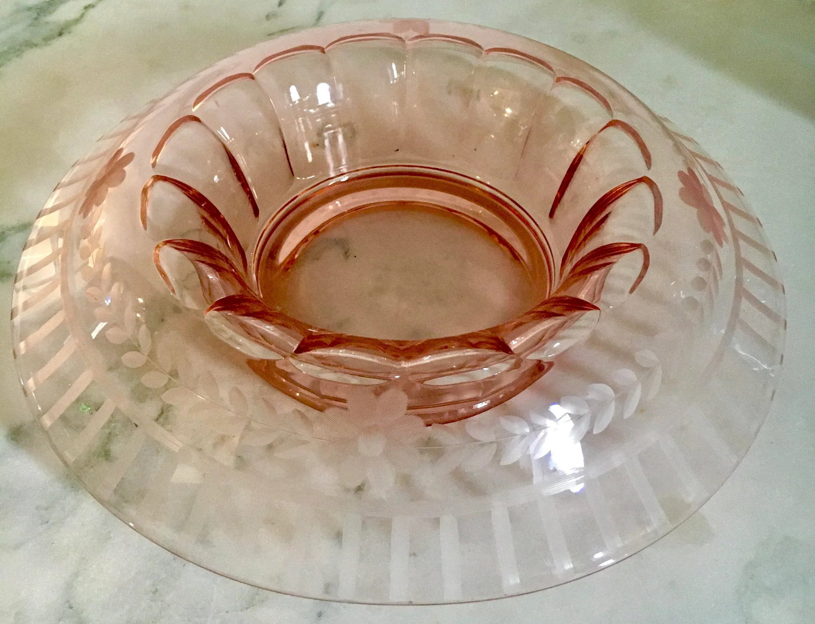 1930s Pink Depression Cut + Faceted Glass Console Bowl - 2
