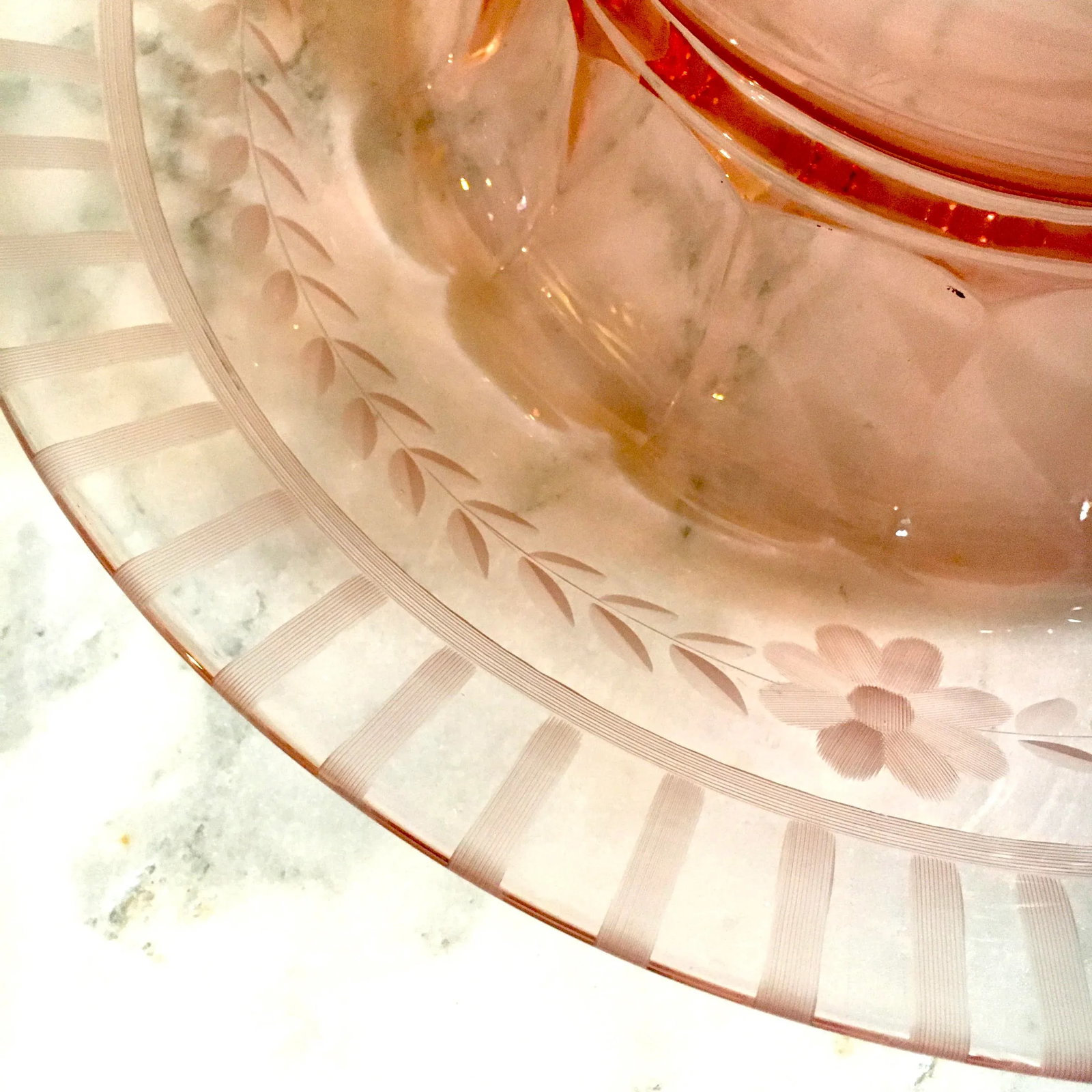 1930s Pink Depression Cut + Faceted Glass Console Bowl - 3