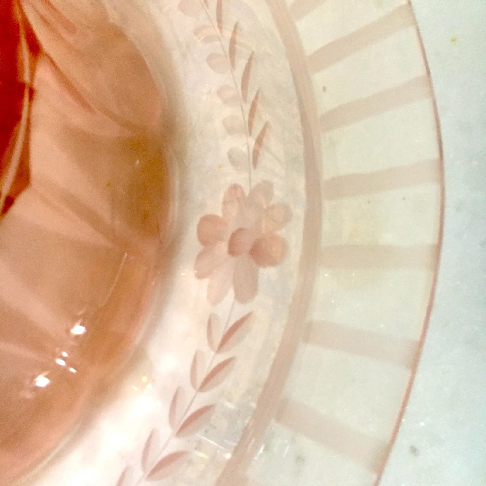 1930s Pink Depression Cut + Faceted Glass Console Bowl - 5