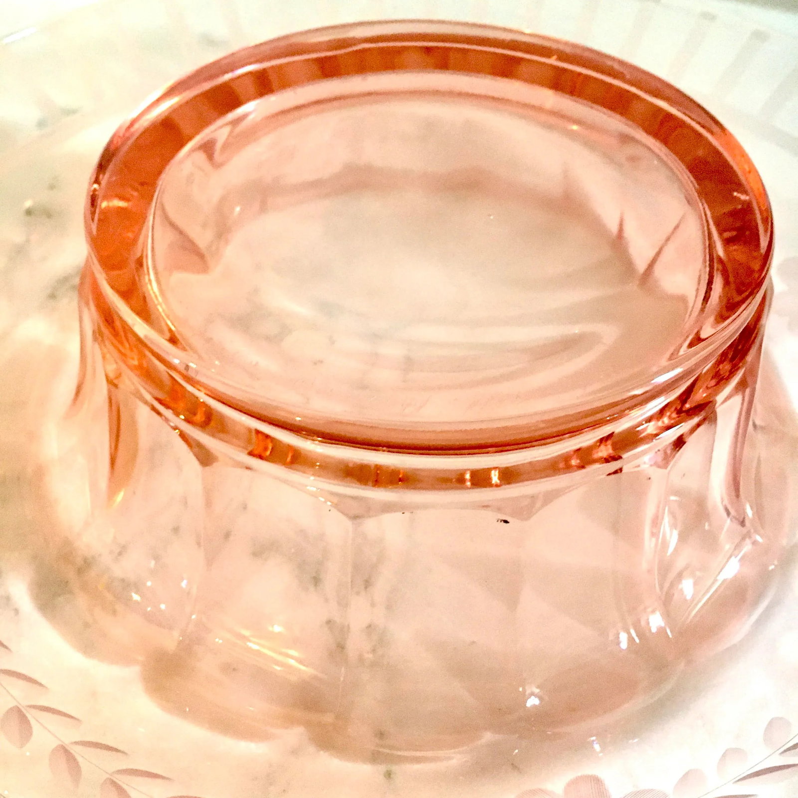 1930s Pink Depression Cut + Faceted Glass Console Bowl - 6
