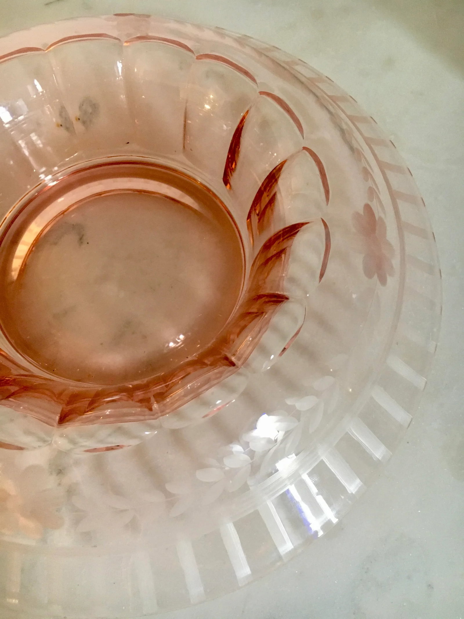 1930s Pink Depression Cut + Faceted Glass Console Bowl - 7