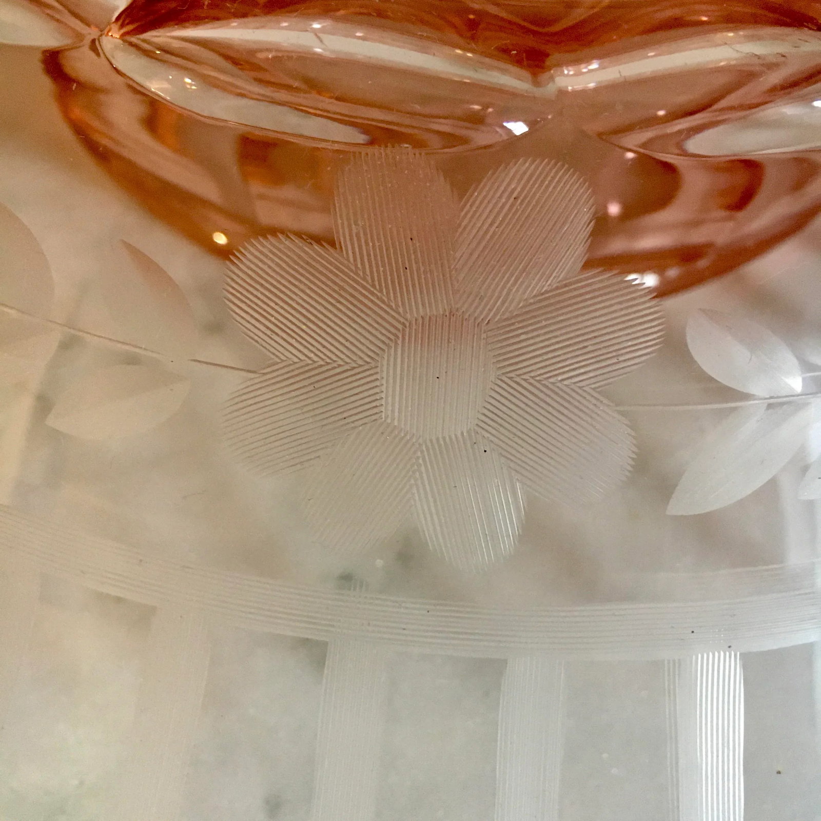 1930s Pink Depression Cut + Faceted Glass Console Bowl - 8