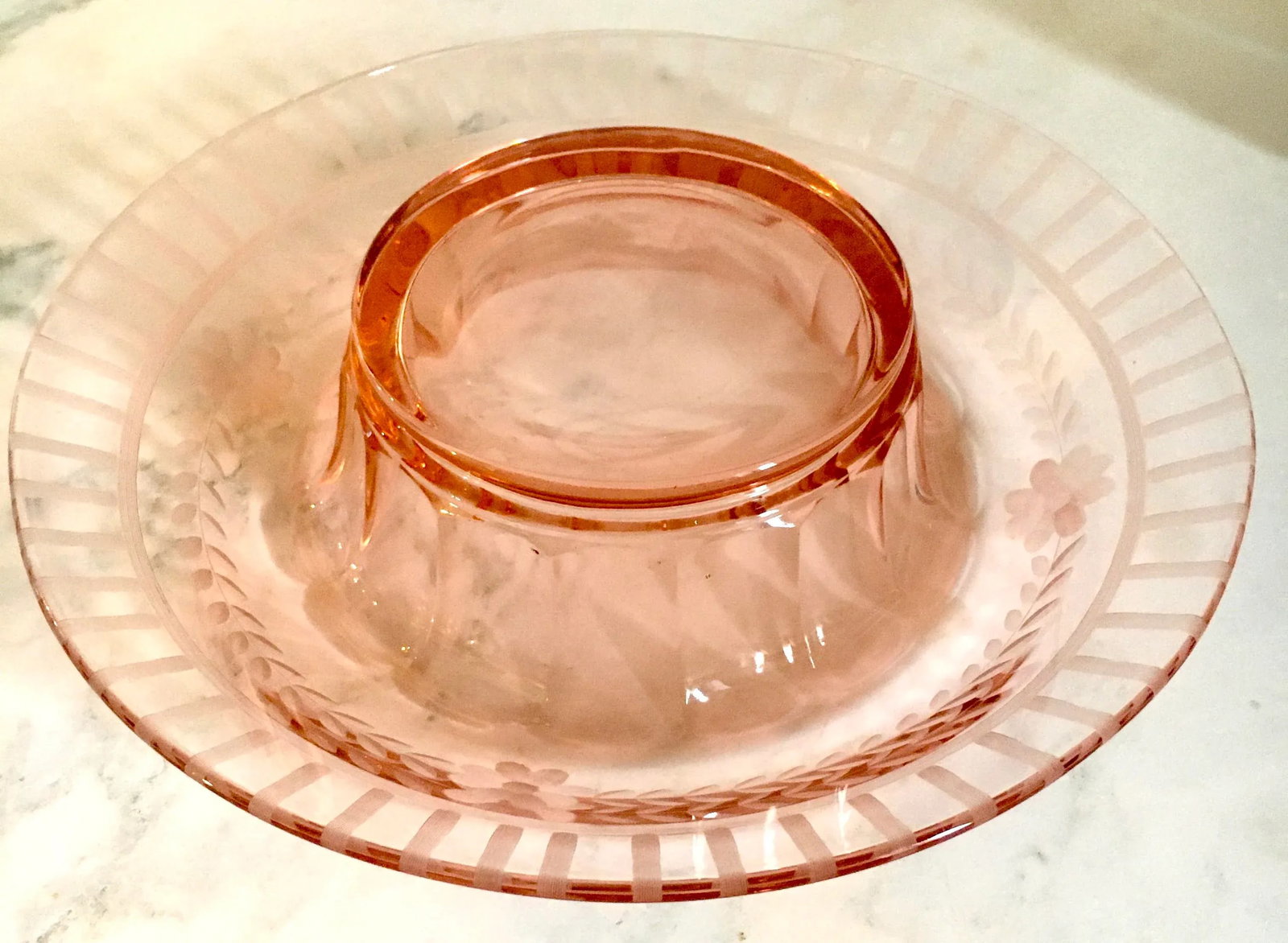 1930s Pink Depression Cut + Faceted Glass Console Bowl - 9