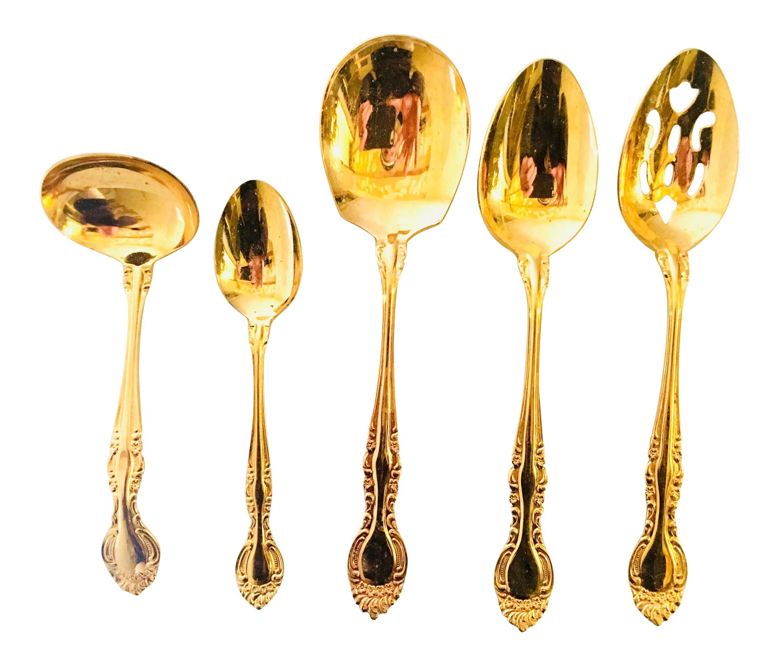 Baroque Gold Plated Serve Ware Set - 5 Pc.: Gold plated serving set with ornate pattern handles. Includes: Slotted Serving Spoon 8.5" x 1.75" x 1" Serving Spoon 8.5" x 1.75" x 1" Scoop 8.75" x 2.25" x 1" Ladle 6.5" x 2.125" x 1.5" Teaspoon