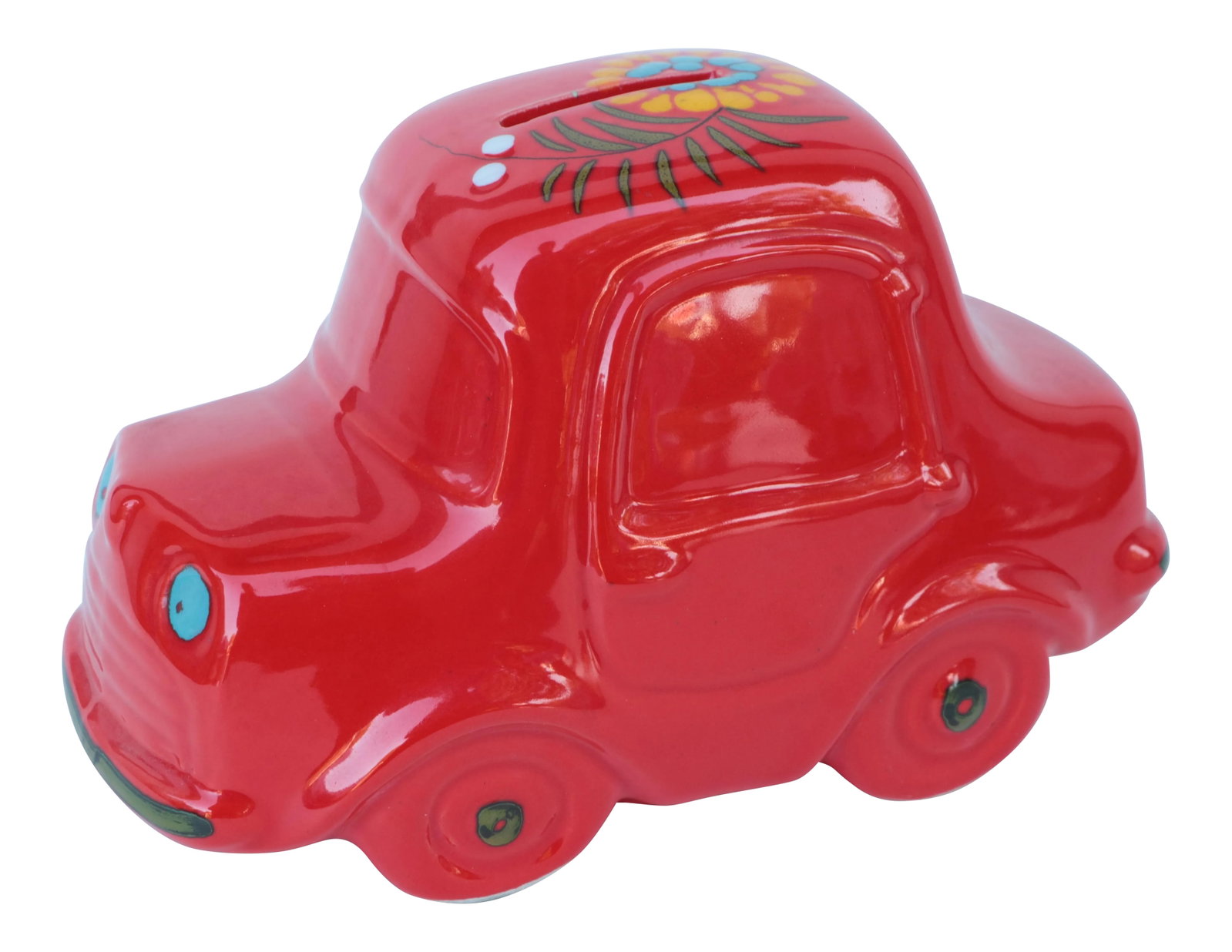 Mid 20th Century Bertoncello Italian Car Piggy Bank: Charming glossy red Italian pottery coin bank with the form of a mid-century compact Italian automobile. Condition: Alterations: Original Condition Unaltered Imperfections: Some Imperfections