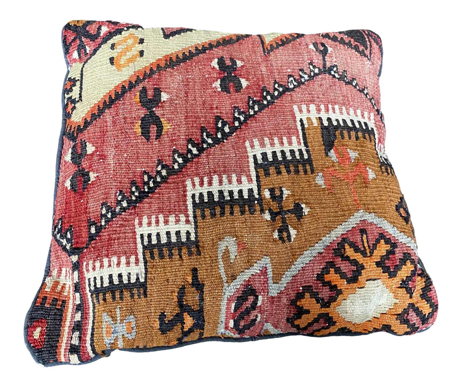 Vintage Turkish Kilim Rug Pillow - 16x16": Vintage Kilim pillow made of sections of vintage rug. Earth tones. Warm and elegant. Condition: Alterations: Original Condition Unaltered Imperfections: Some Imperfections Condition Notes: no