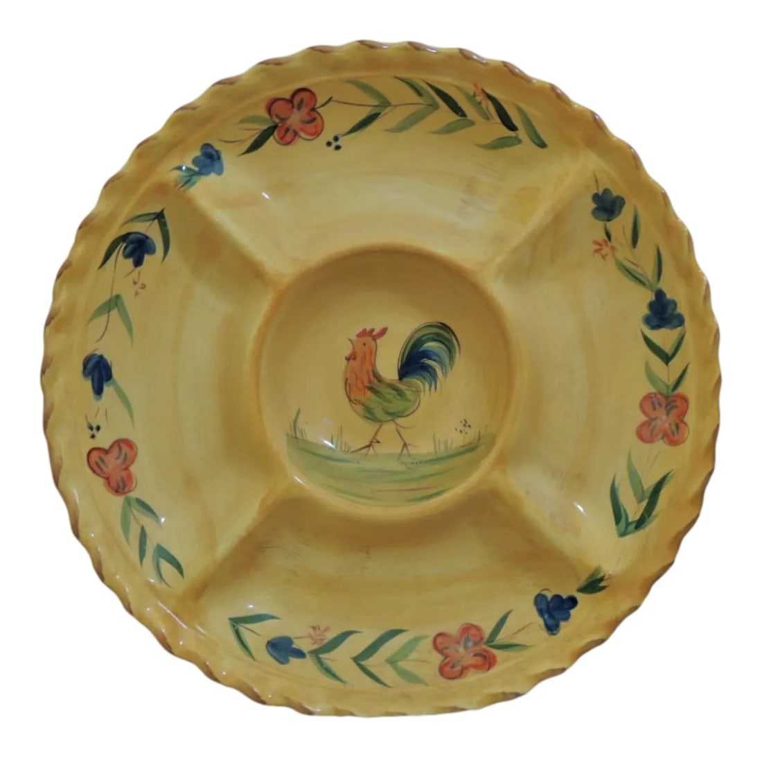 Vintage Handpainted Rooster Serving Platter: Serving Platter Handpainted Chicken Motif 5 Compartment Slotted Dish Vtg 80s Collectible. Vintage 1980s, hand-painted ceramic collectible slotted tray is perfect as a chips 'N dip or veggie serving