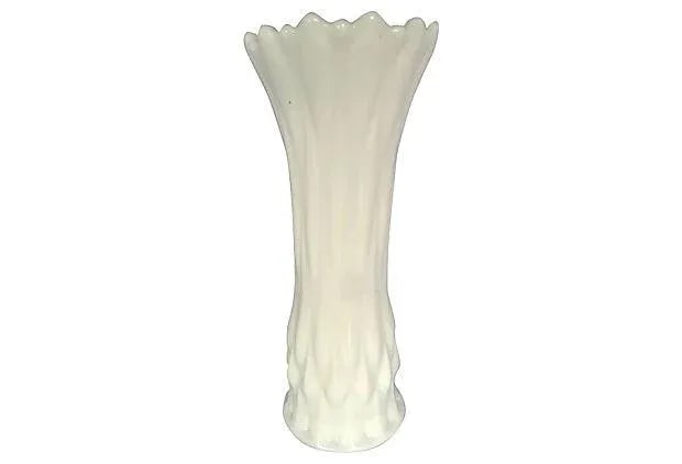Tall Flute-Shaped Lattice Pattern Milk Glass Vase: Tall flute-shaped lattice pattern milk glass vase. Condition: Alterations: Original Condition Unaltered Imperfections: Some Imperfections Condition Notes: Excellent - Minor wear consistent with age