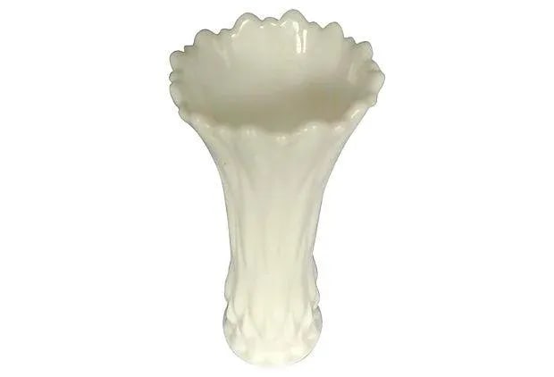 Tall Flute-Shaped Lattice Pattern Milk Glass Vase - 2