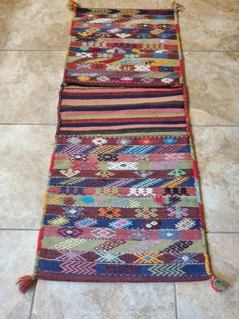 Vintage Turkish Hand Woven Kilim Donkey Saddle Bag - 10