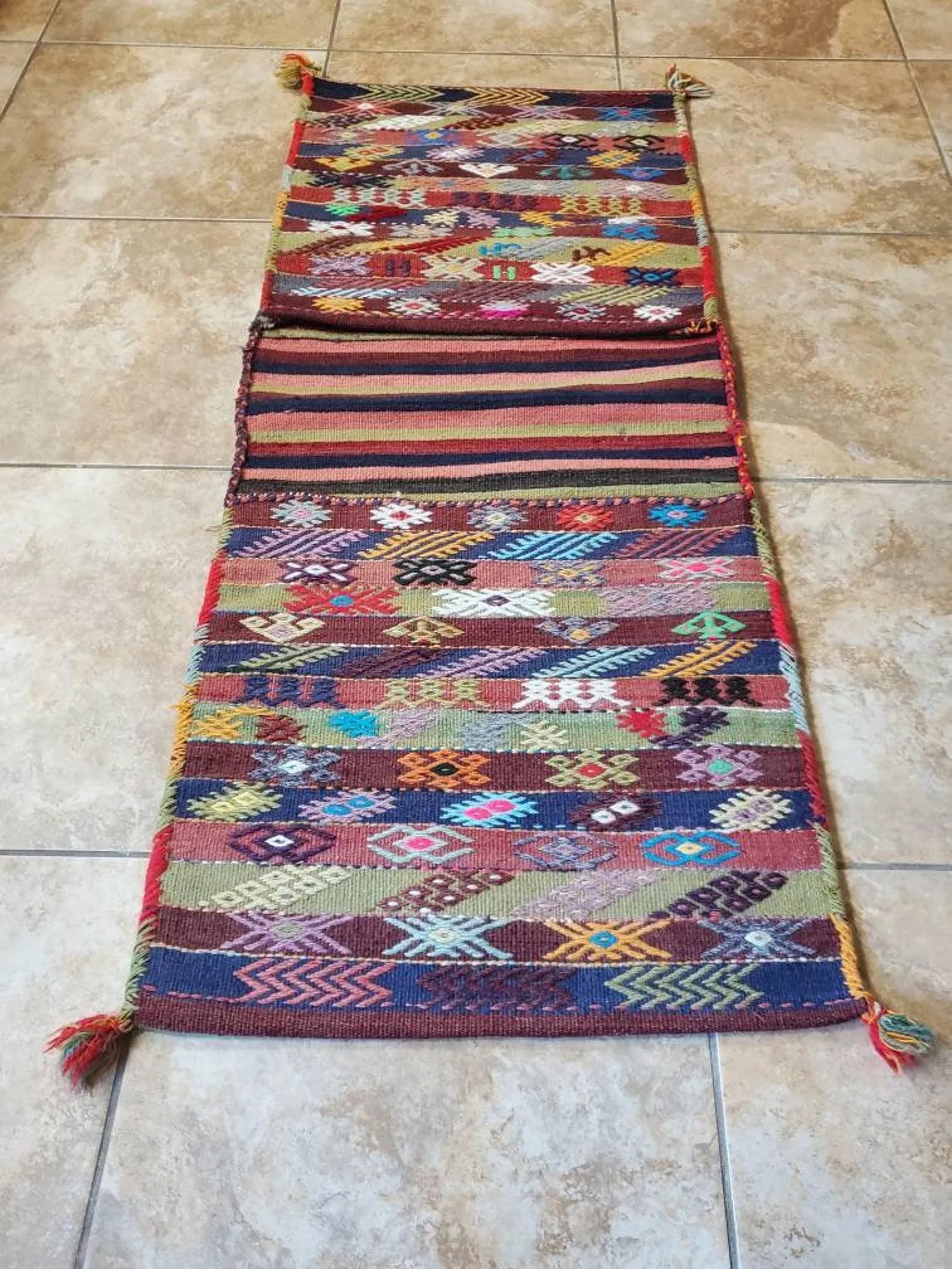 Vintage Turkish Hand Woven Kilim Donkey Saddle Bag - 11