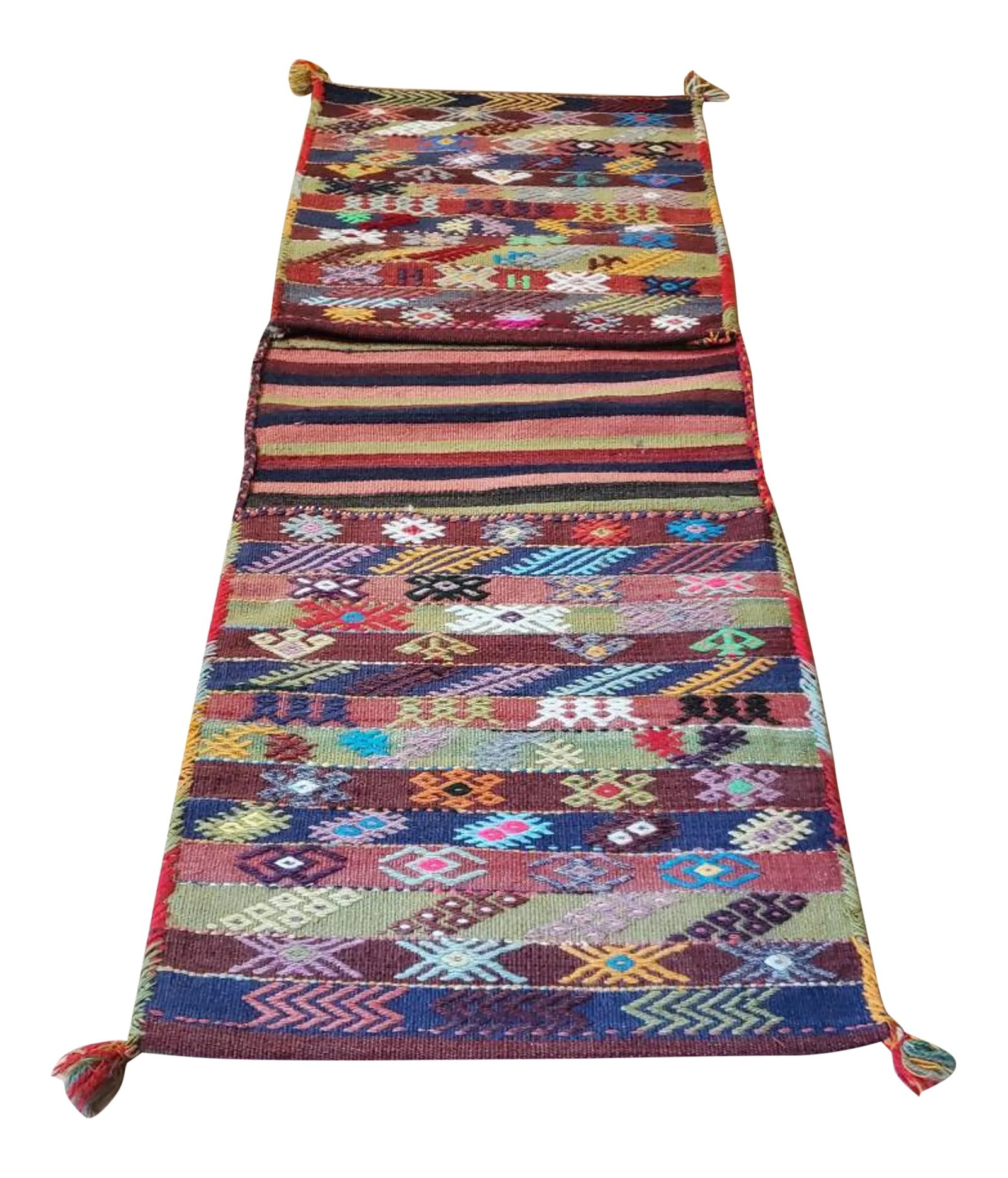 Vintage Turkish Hand Woven Kilim Donkey Saddle Bag: A wonderful old hand-woven wool kilim Turkish tribal saddle bag. A very nice example with lots of details, made with horsehair, fabulous artistic and geometric design. The authentic tribal bag origina