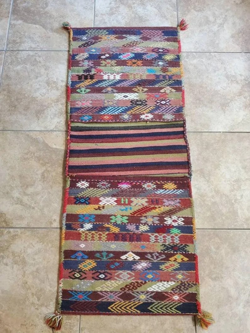 Vintage Turkish Hand Woven Kilim Donkey Saddle Bag - 2