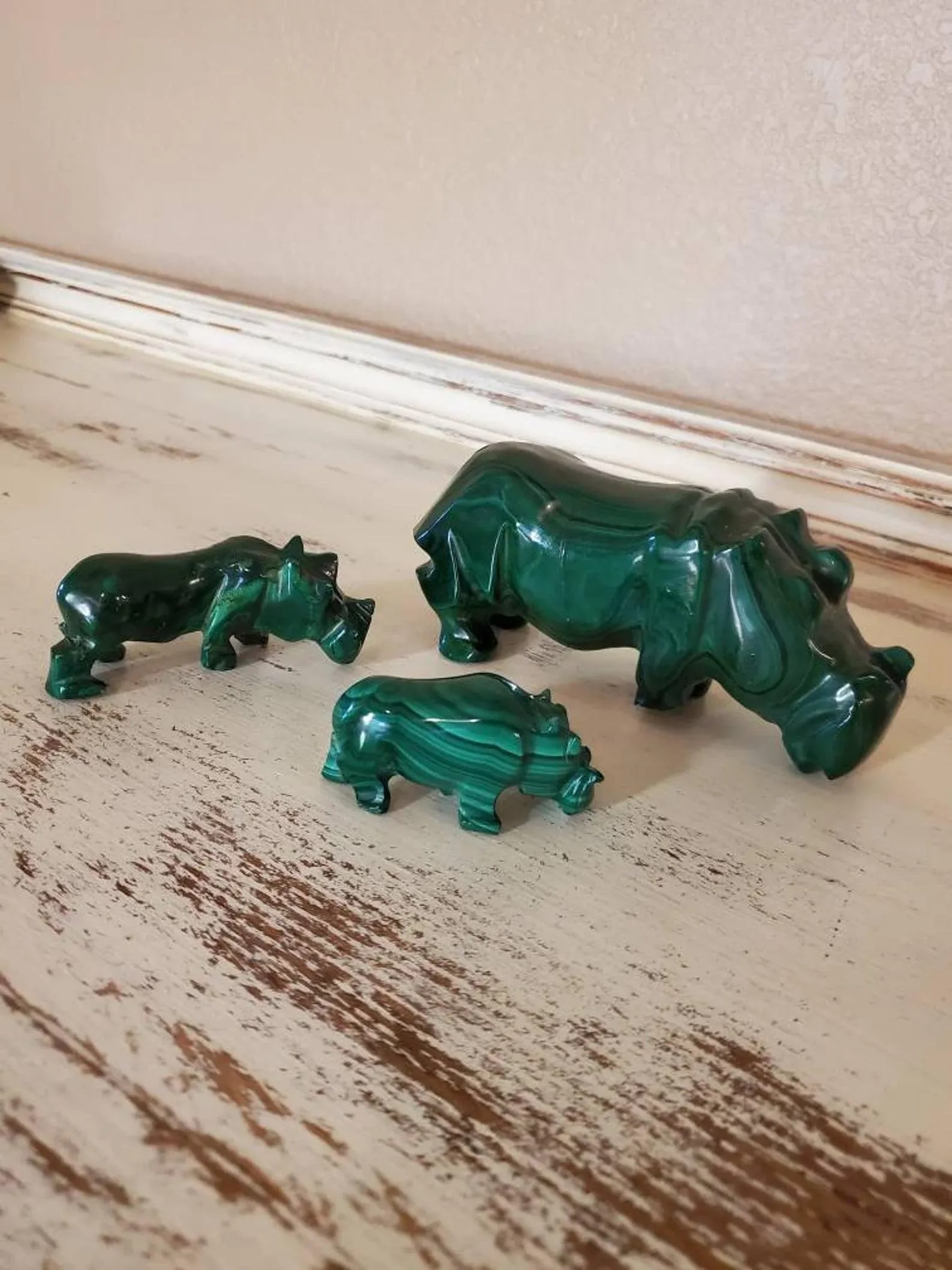 Malachite Carved Hippopotamus Shaped Stones - Set of 3 - 10