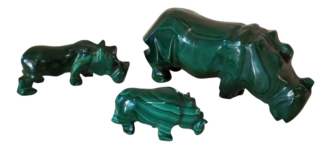 Malachite Carved Hippopotamus Shaped Stones - Set of 3: A trio/set of 3 beautiful, natural, solid, and substantial hand carved and polished bright green malachite stones in hippo/hippopotamus animal shapes with highly decorative color and banding.