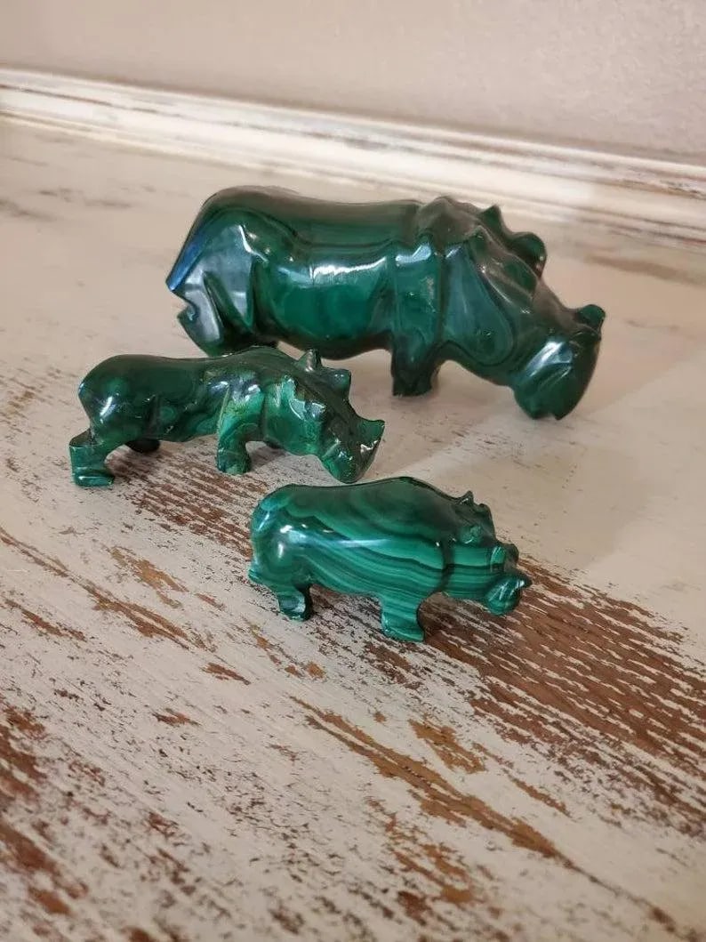 Malachite Carved Hippopotamus Shaped Stones - Set of 3 - 2