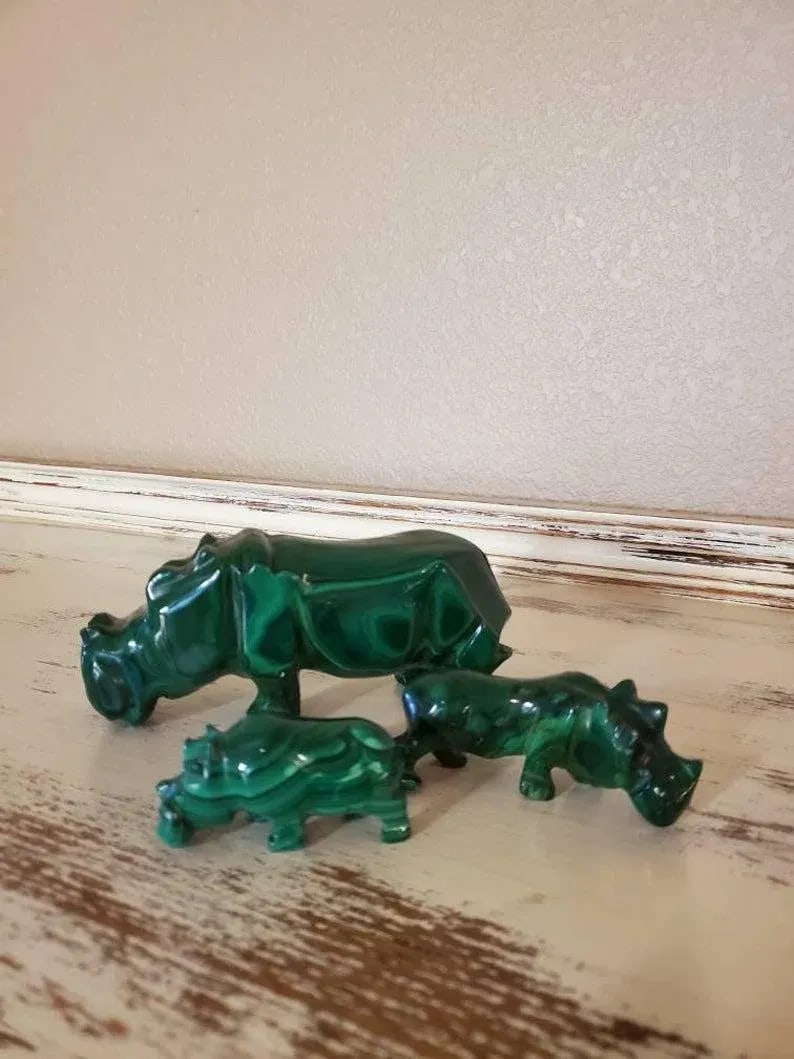 Malachite Carved Hippopotamus Shaped Stones - Set of 3 - 3