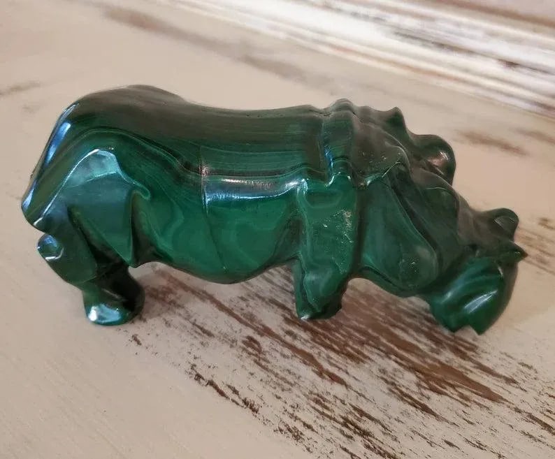 Malachite Carved Hippopotamus Shaped Stones - Set of 3 - 4