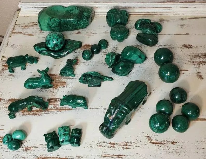 Malachite Carved Hippopotamus Shaped Stones - Set of 3 - 9