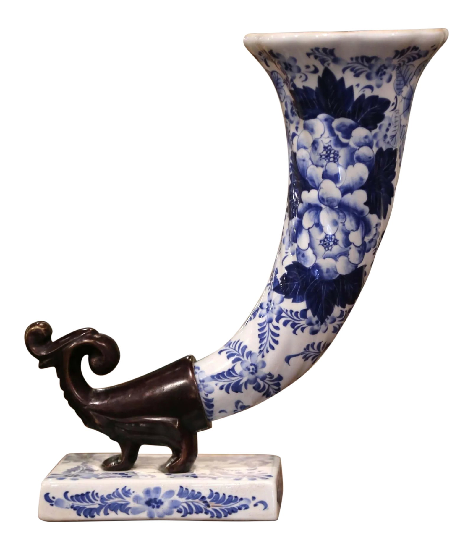 Vintage Hand Painted Blue and White Faience and Bronze Cornucopia Vase: Place this interesting ceramic and bronze vase on a shelf or entry commode; crafted in France, circa 1980, the Classic vase shaped as cornucopia standing on a rectangular base features a bronze