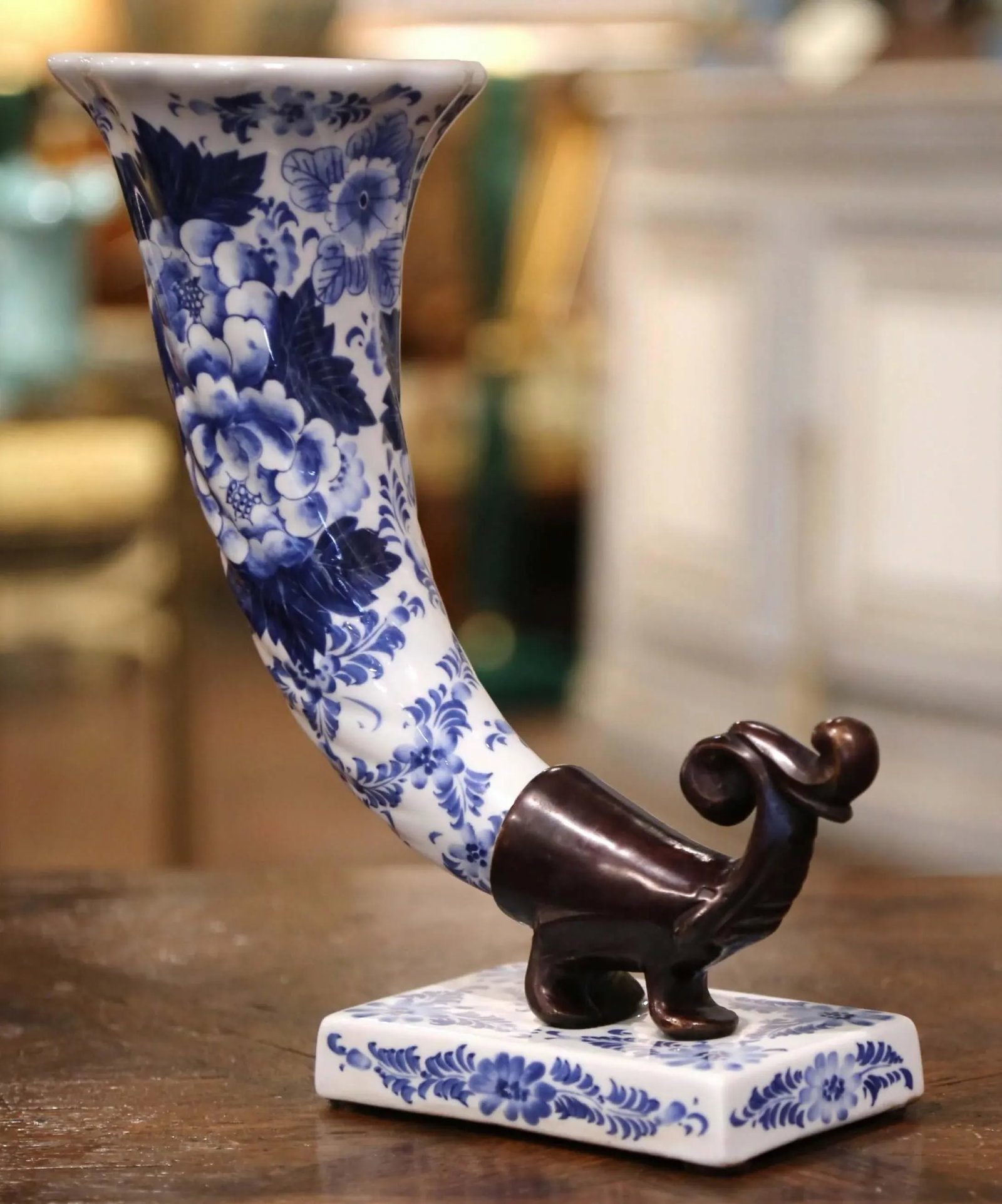 Vintage Hand Painted Blue and White Faience and Bronze Cornucopia Vase - 2
