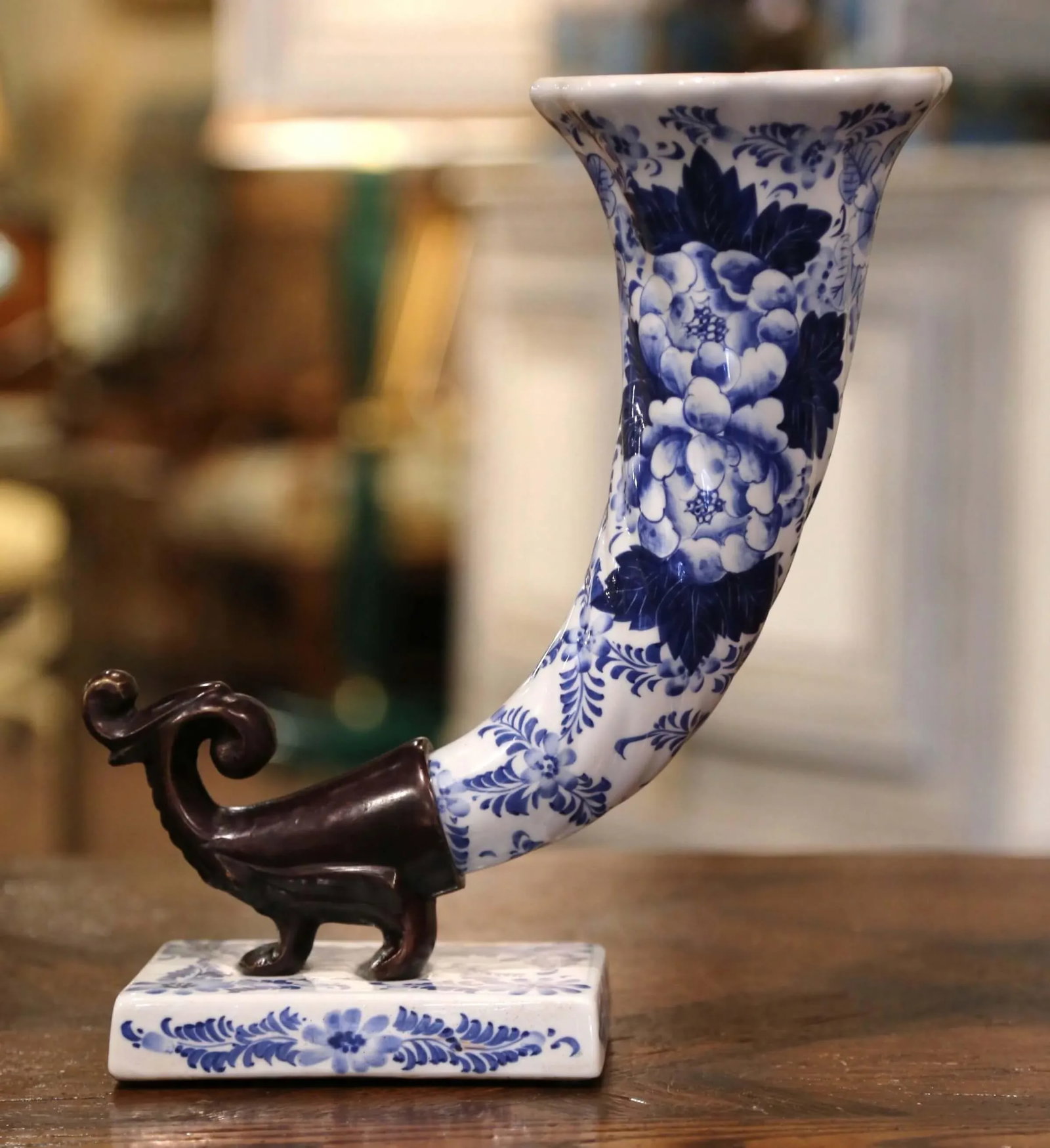 Vintage Hand Painted Blue and White Faience and Bronze Cornucopia Vase - 3