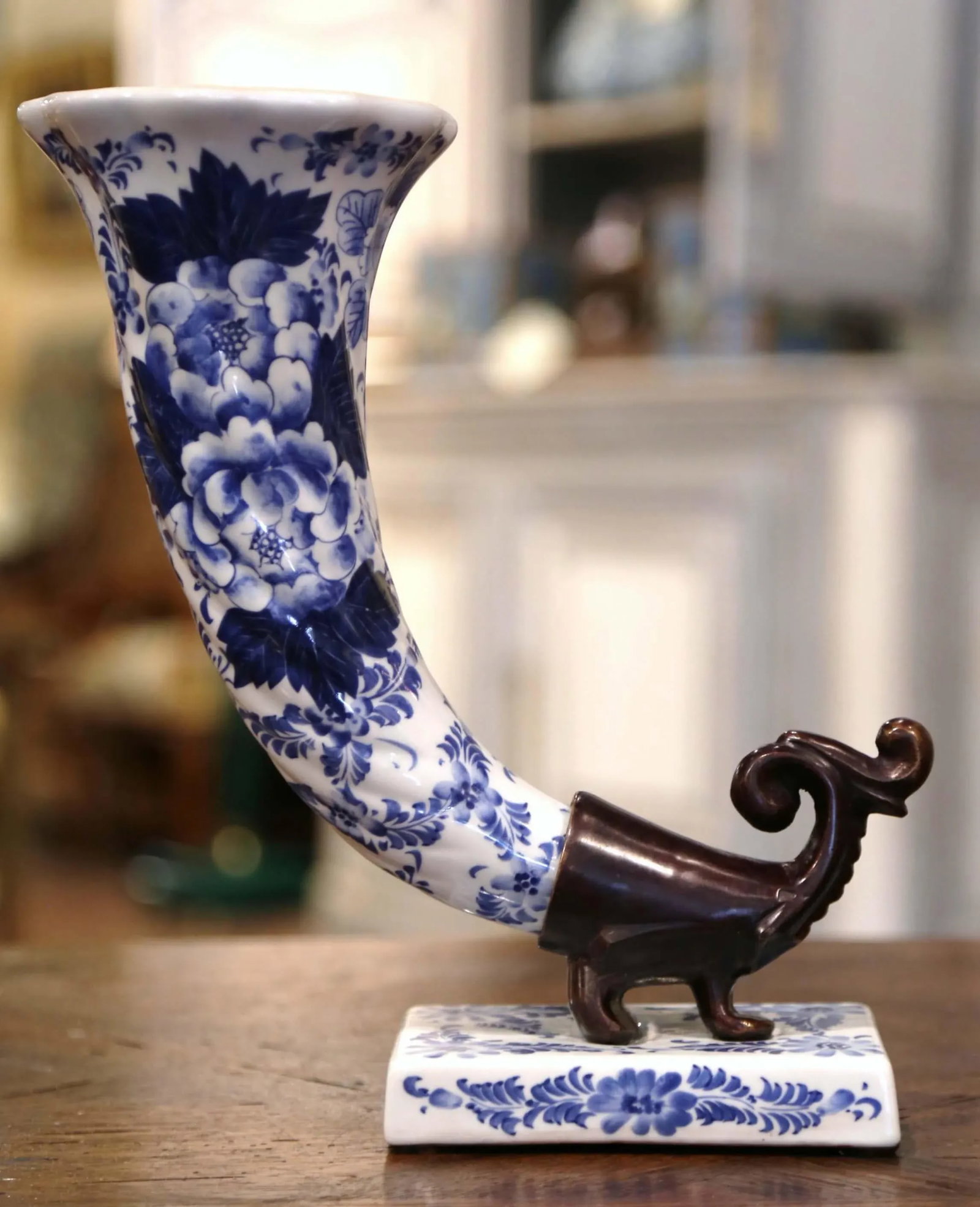 Vintage Hand Painted Blue and White Faience and Bronze Cornucopia Vase - 4