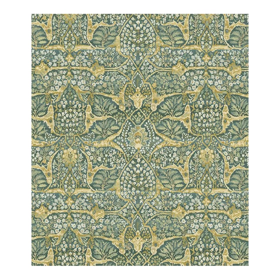 Lewis & Wood Alhambra Verdure Linen Cotton Fabric- 3 3/8 Yards: Designed by talented muralist Flora Roberts, the creator of our popular Doves & Sika designs, Alhambra is based on a middle Eastern carpet with Arts & Crafts influences. Lewis & Wood Alhambra Verdure