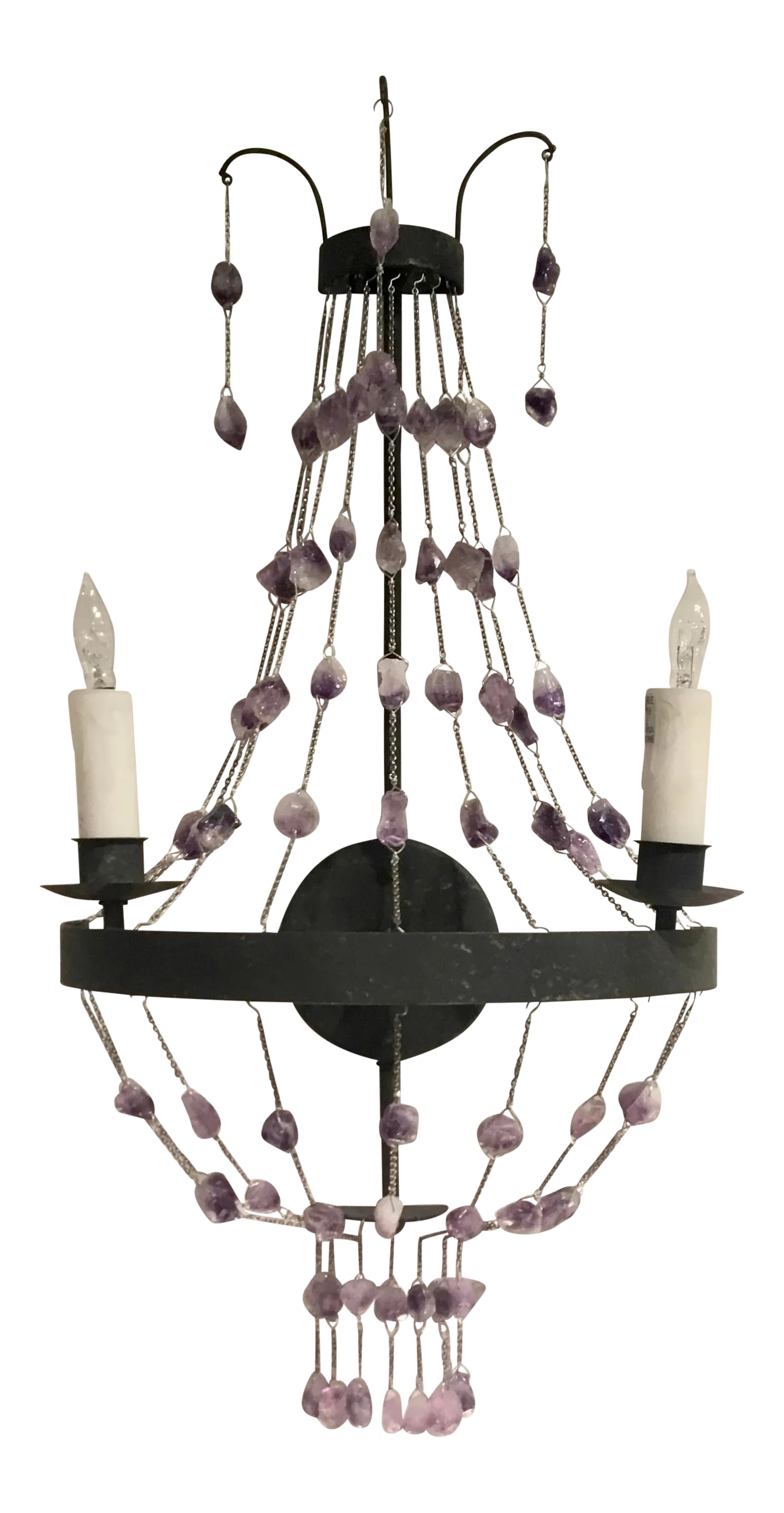 Boho Chic Modern Amethyst and Quartz Wall Sconce: Original Retail $1000, elegant Boho Chic Modern Amethyst and Quartz Wall Sconce, textured iron frame, delicate silver finished chain link strands, showroom floor sample Condition: Imperfections: Some