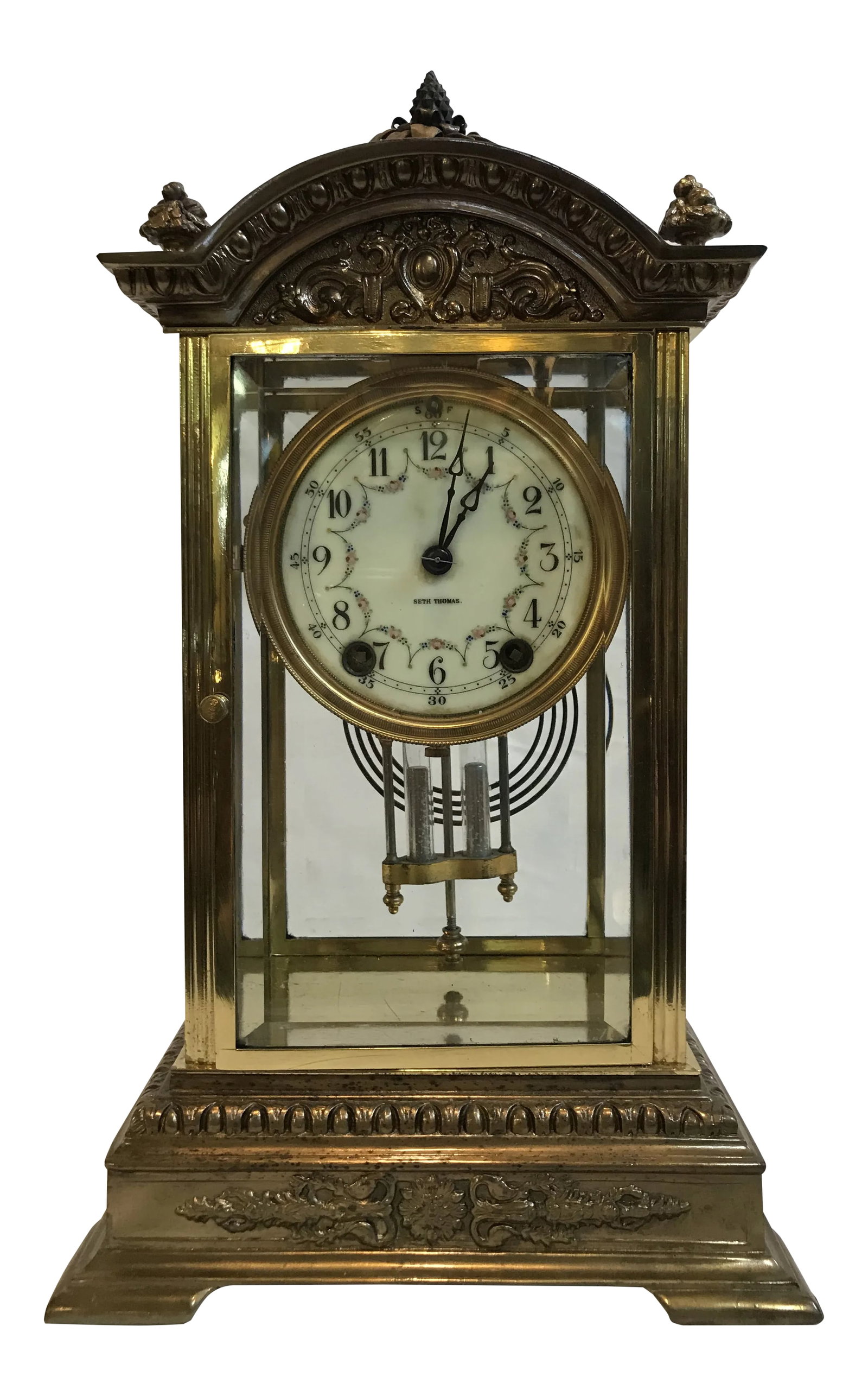 Early 20th Century Early Brass Seth Thomas Crystal Regulator Clock: Early 1920s Brass Seth Thomas crystal regulator clock with original dial and beautiful guilt finals and ornamental designs. Condition: Alterations: Original Condition Unaltered Imperfections: Some Imp
