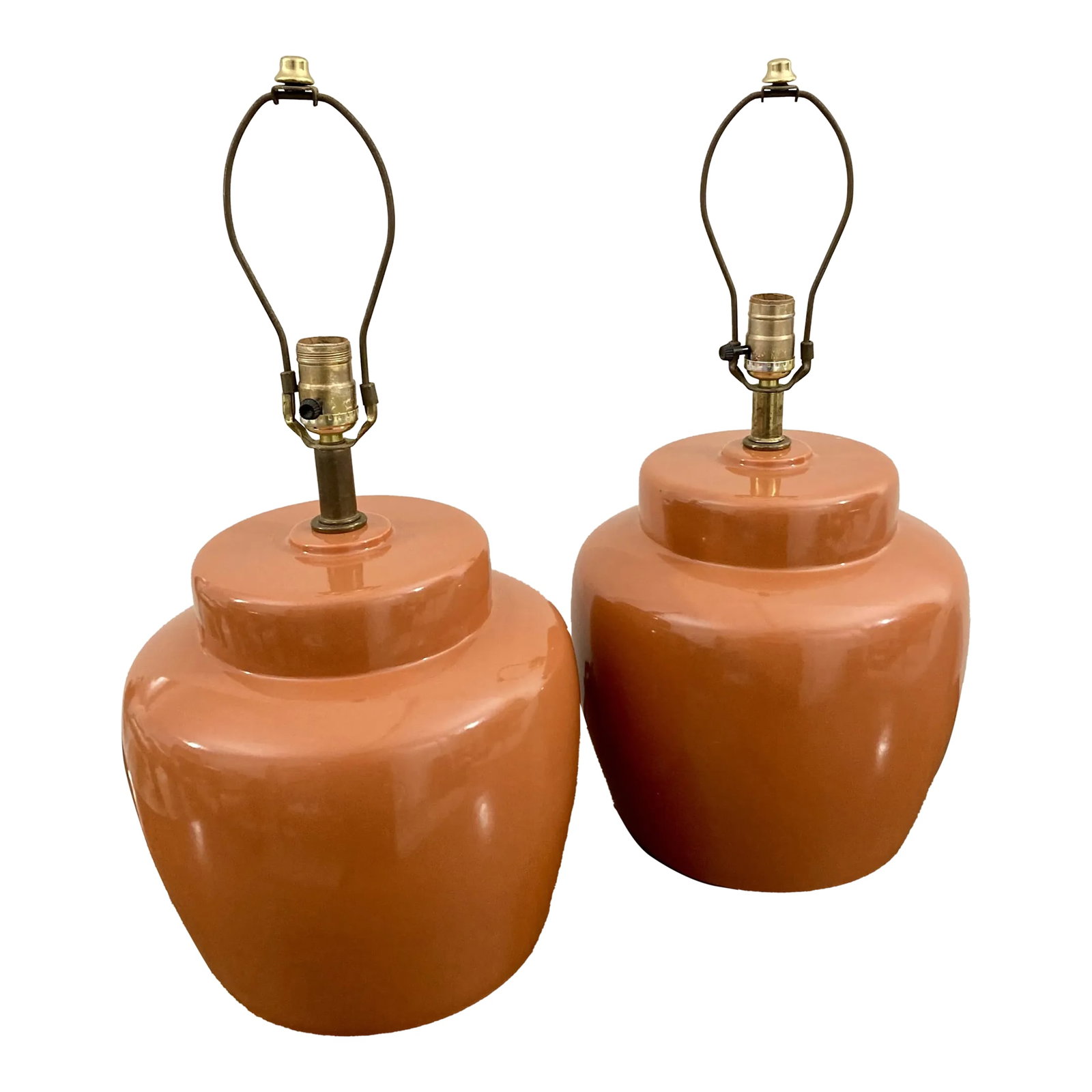 Large Vintage Orange Haeger Ginger Jar Lamps - a Pair: Pair of midcentury glossy orange ginger jar lamps by Haeger. These would make for a great pop of color in your home! Switch is compatible with a standard or 3-way bulb. 11.5" tall to the top of the ur